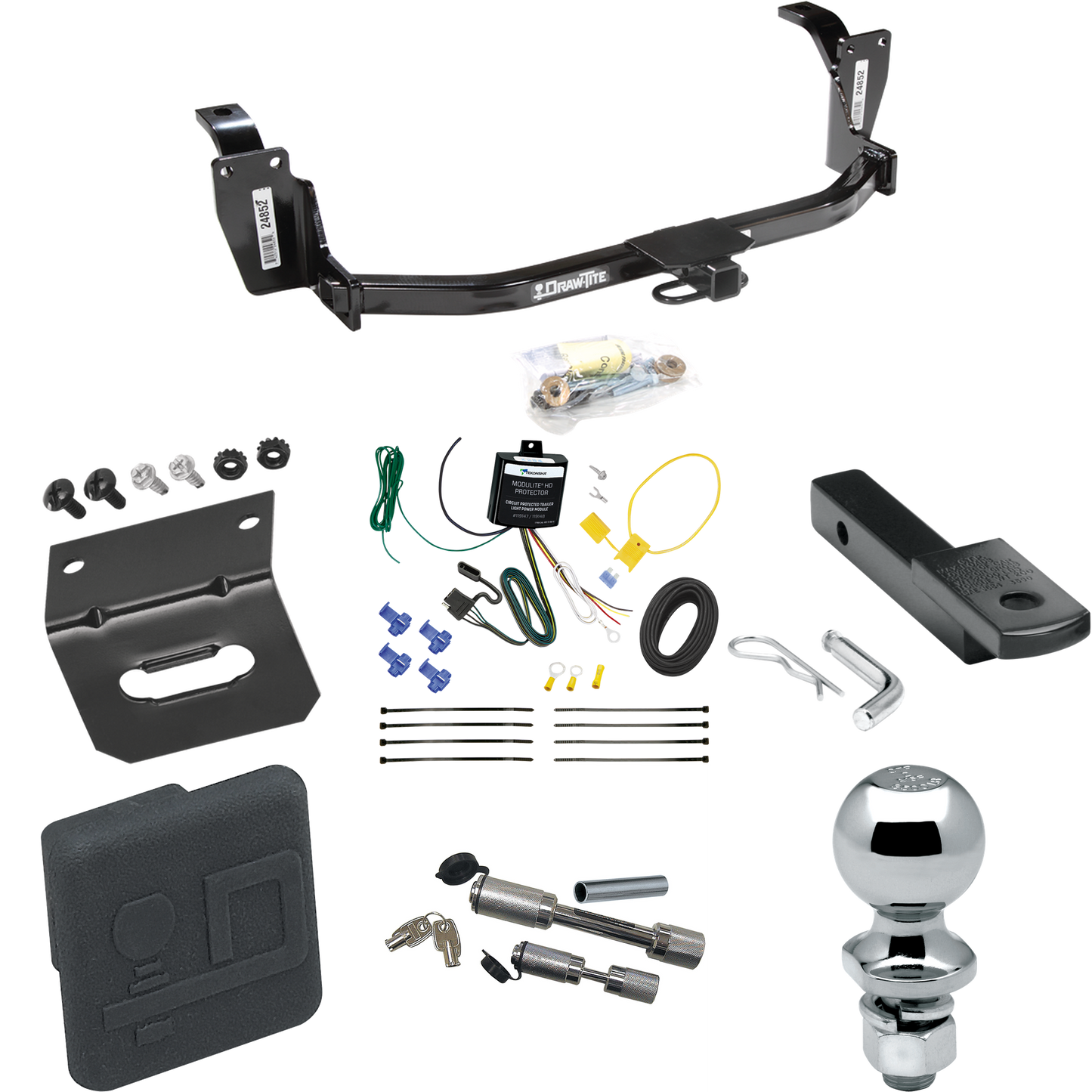 Fits 2013-2015 Honda Crosstour Trailer Hitch Tow PKG w/ 4-Flat Wiring Harness + Draw-Bar + 2" Ball + Wiring Bracket + Hitch Cover + Dual Hitch & Coupler Locks By Draw-Tite