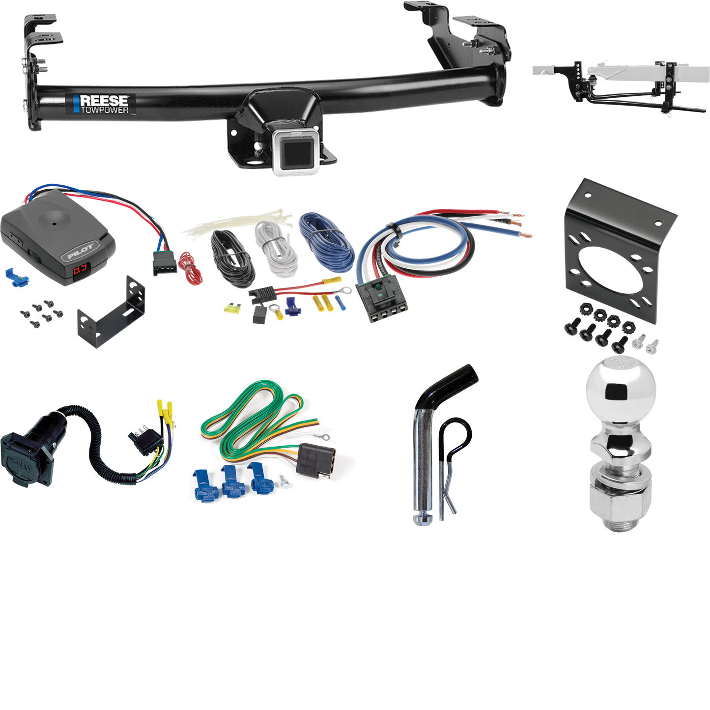 Fits 1981-1993 Dodge D350 Trailer Hitch Tow PKG w/ 8K Round Bar Weight Distribution Hitch w/ 2-5/16" Ball + 2" Ball + Pin/Clip + Pro Series Pilot Brake Control + Generic BC Wiring Adapter + 7-Way RV Wiring By Reese Towpower