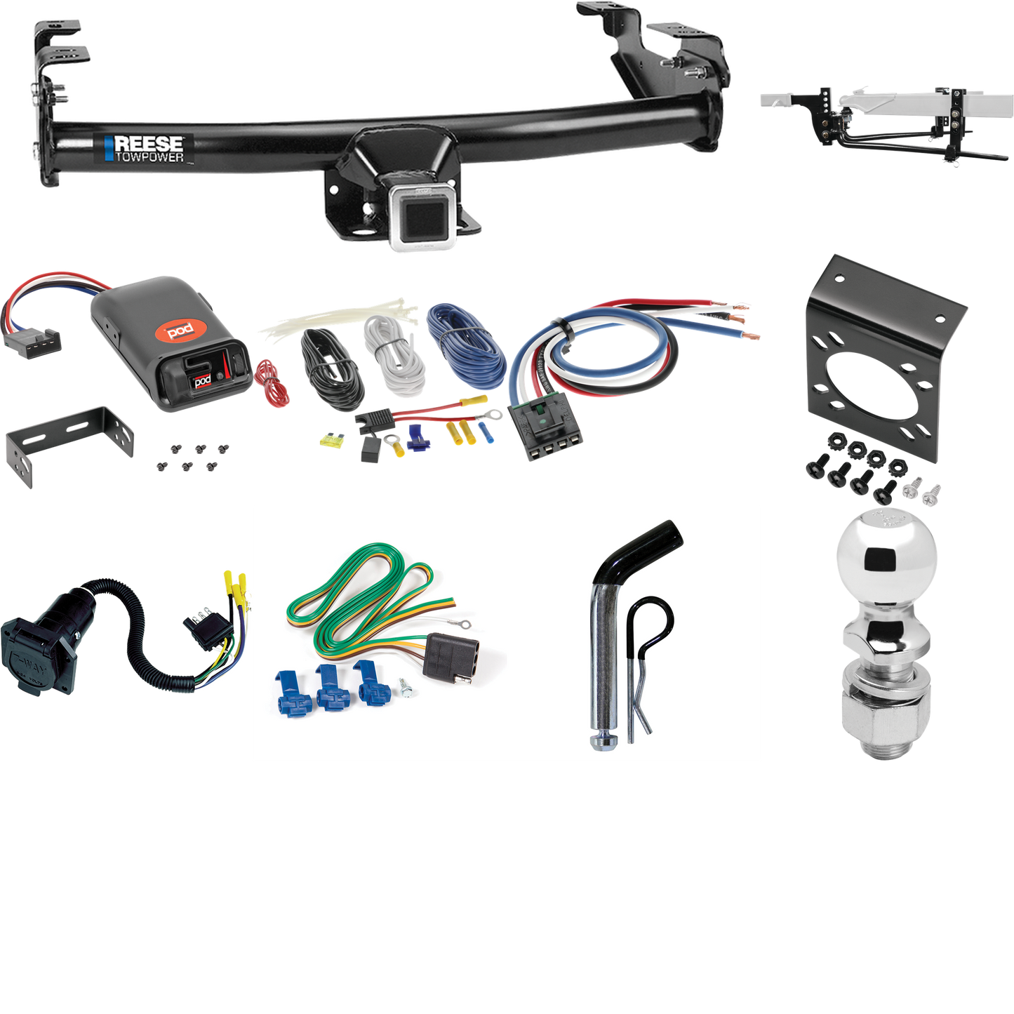 Fits 1971-1989 Dodge D100 Trailer Hitch Tow PKG w/ 8K Round Bar Weight Distribution Hitch w/ 2-5/16" Ball + 2" Ball + Pin/Clip + Pro Series POD Brake Control + Generic BC Wiring Adapter + 7-Way RV Wiring By Reese Towpower