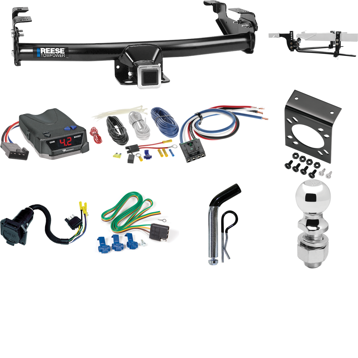 Fits 1977-1993 Dodge D150 Trailer Hitch Tow PKG w/ 8K Round Bar Weight Distribution Hitch w/ 2-5/16" Ball + 2" Ball + Pin/Clip + Tekonsha BRAKE-EVN Brake Control + Generic BC Wiring Adapter + 7-Way RV Wiring By Reese Towpower