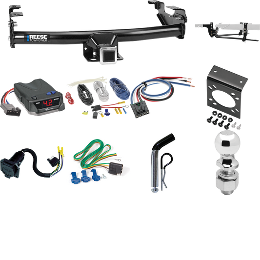 Fits 1977-1993 Dodge D150 Trailer Hitch Tow PKG w/ 8K Round Bar Weight Distribution Hitch w/ 2-5/16" Ball + 2" Ball + Pin/Clip + Tekonsha BRAKE-EVN Brake Control + Generic BC Wiring Adapter + 7-Way RV Wiring By Reese Towpower