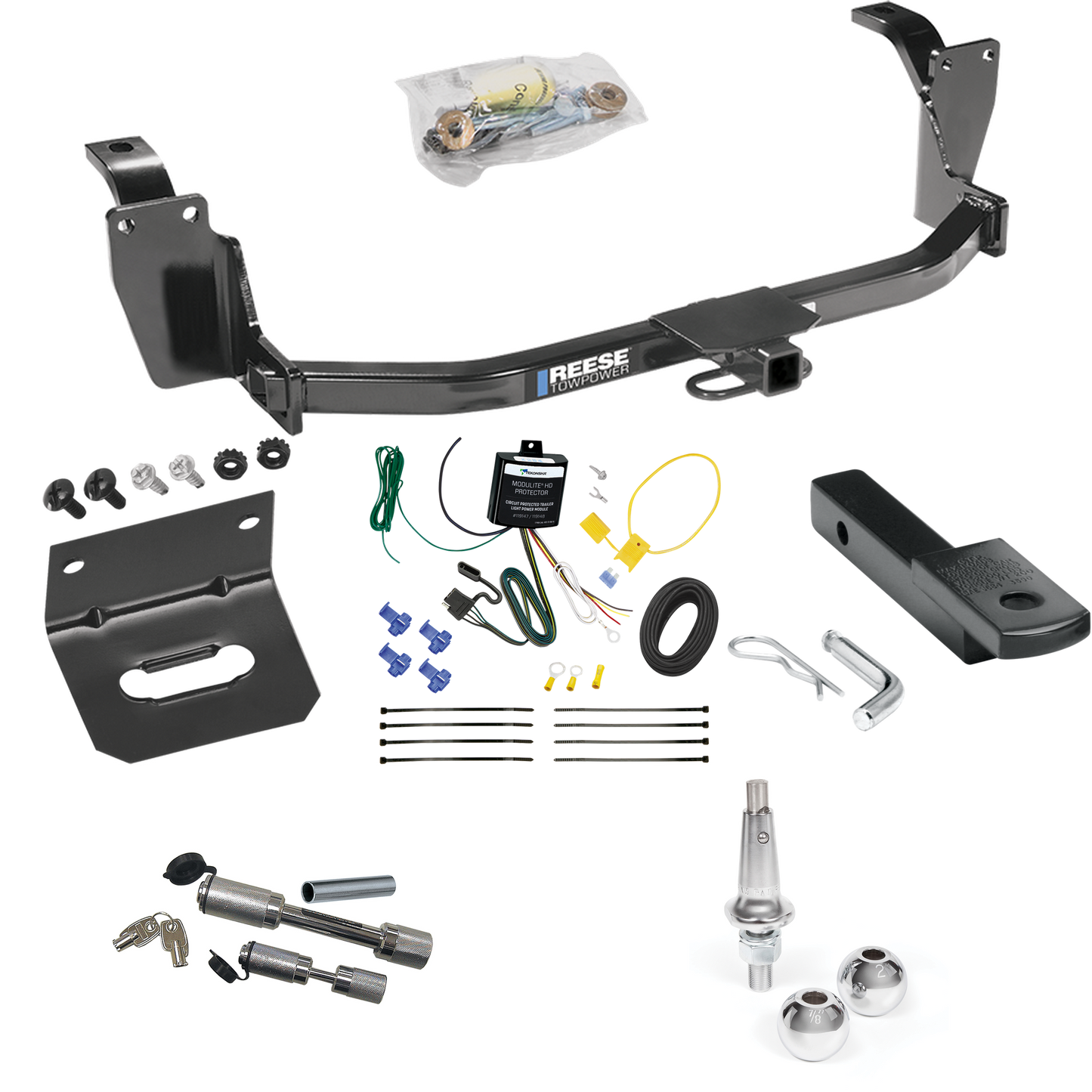 Fits 2013-2015 Honda Crosstour Trailer Hitch Tow PKG w/ 4-Flat Wiring Harness + Draw-Bar + Interchangeable 1-7/8" & 2" Balls + Wiring Bracket + Dual Hitch & Coupler Locks By Reese Towpower