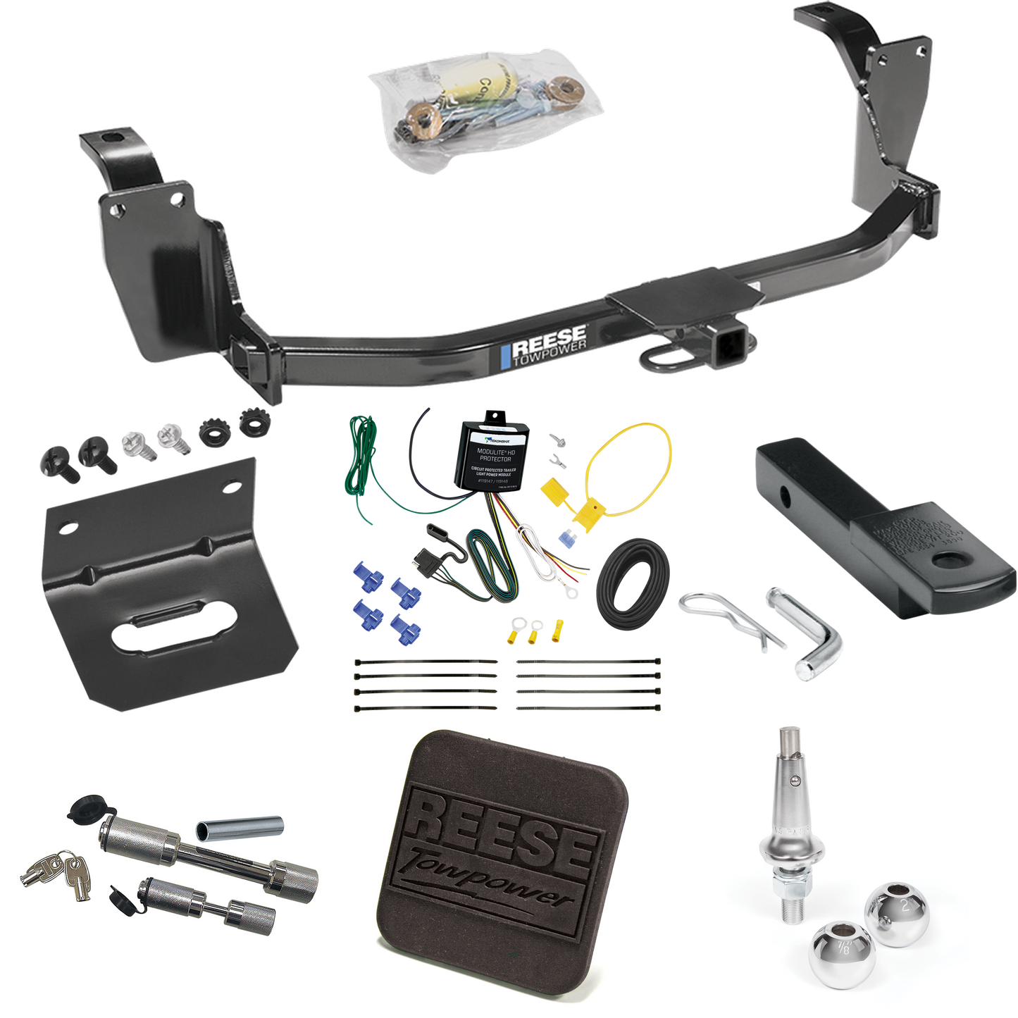 Fits 2013-2015 Honda Crosstour Trailer Hitch Tow PKG w/ 4-Flat Wiring Harness + Draw-Bar + Interchangeable 1-7/8" & 2" Balls + Wiring Bracket + Hitch Cover + Dual Hitch & Coupler Locks By Reese Towpower