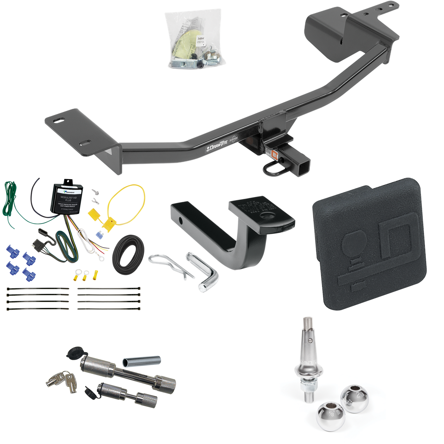 Fits 2010-2014 Volkswagen GTI Trailer Hitch Tow PKG w/ 4-Flat Wiring Harness + Draw-Bar + Interchangeable 1-7/8" & 2" Balls + Hitch Cover + Dual Hitch & Coupler Locks (For Hatchback Models) By Draw-Tite