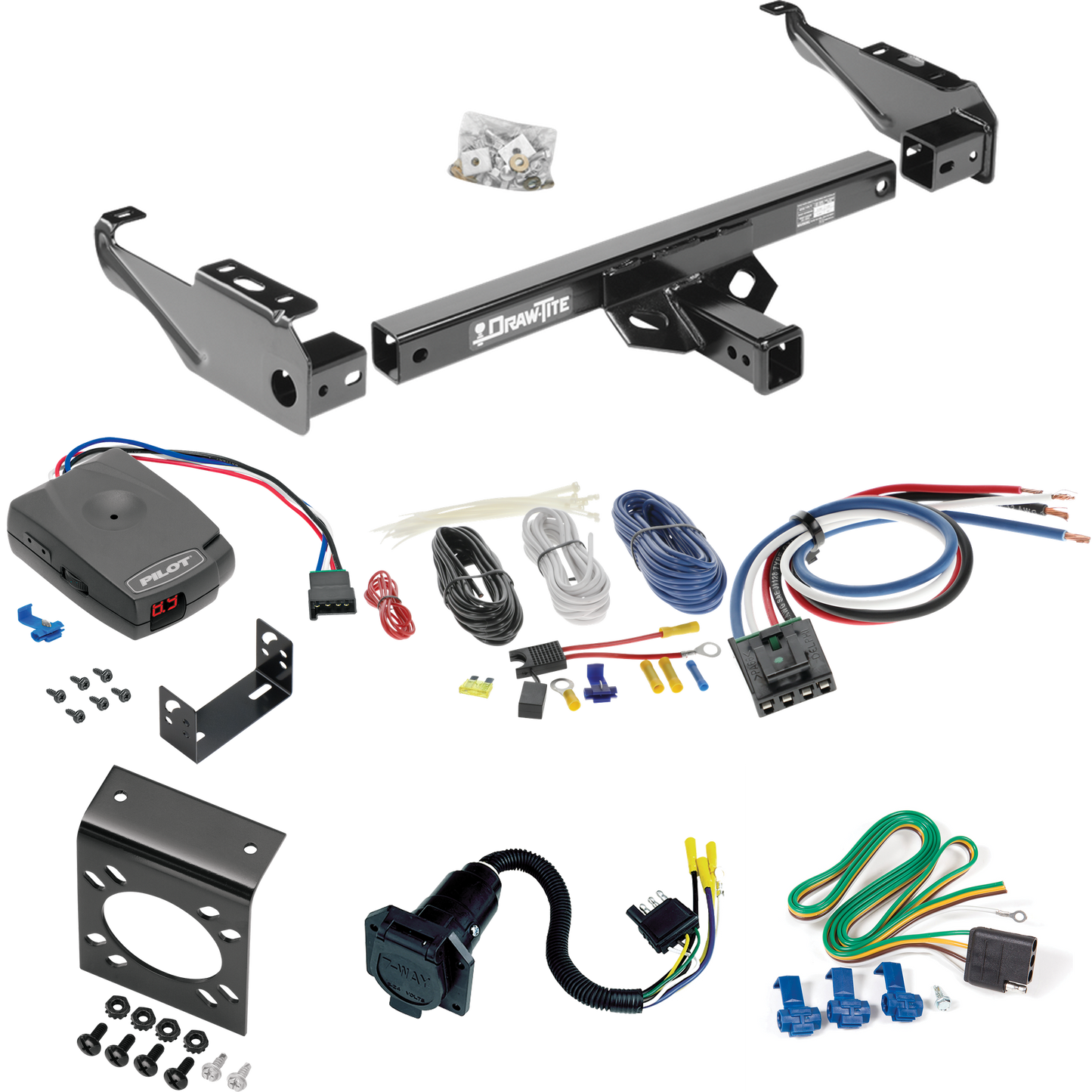 Fits 1981-1993 Dodge D350 Trailer Hitch Tow PKG w/ Pro Series Pilot Brake Control + Generic BC Wiring Adapter + 7-Way RV Wiring By Draw-Tite