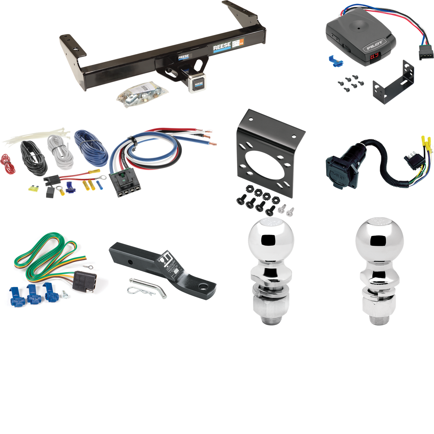 Se adapta al paquete de enganche de remolque Dodge D100 1971-1989 con control de freno piloto serie Pro + adaptador de cableado BC genérico + cableado RV de 7 vías + soporte de bola y caída de 2" y 2-5/16" de Reese Towpower