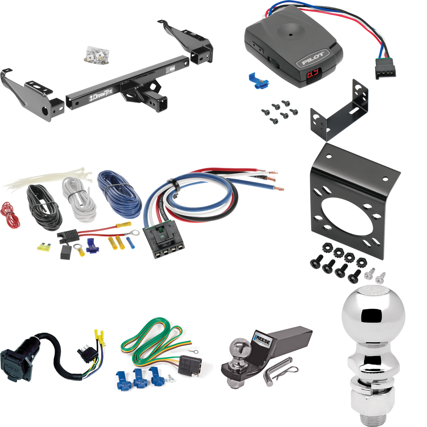 Fits 1974-1981 Plymouth Trailduster Trailer Hitch Tow PKG w/ Pro Series Pilot Brake Control + Generic BC Wiring Adapter + 7-Way RV Wiring + 2" & 2-5/16" Ball & Drop Mount (Excludes: w/Skid Shield Models) By Draw-Tite