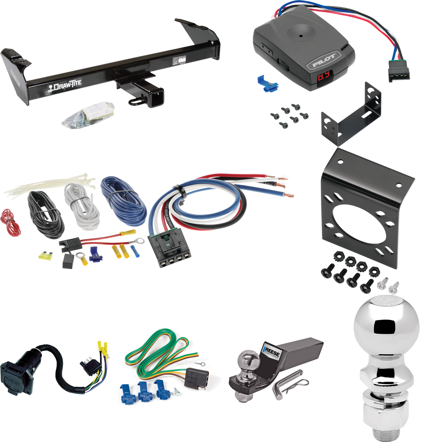 Fits 1981-1993 Dodge W250 Trailer Hitch Tow PKG w/ Pro Series Pilot Brake Control + Generic BC Wiring Adapter + 7-Way RV Wiring + 2" & 2-5/16" Ball & Drop Mount By Draw-Tite