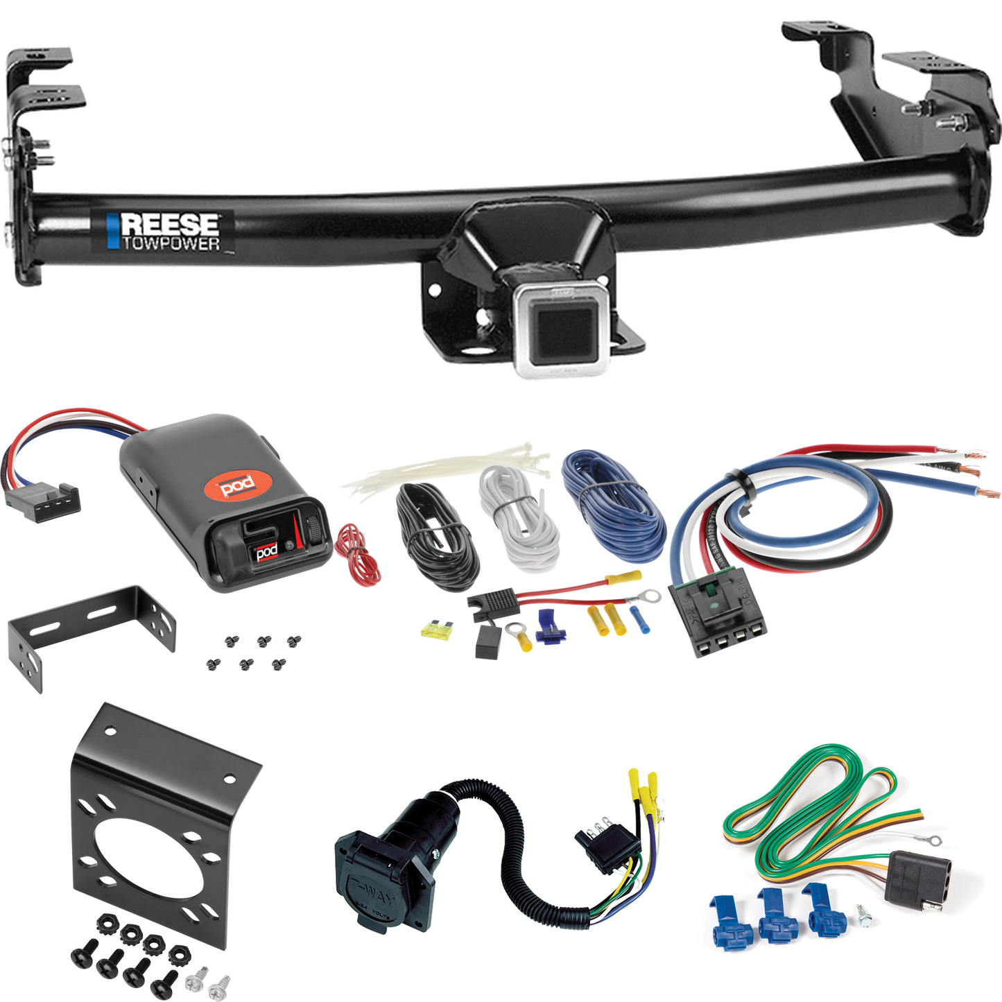 Fits 1977-1993 Dodge D150 Trailer Hitch Tow PKG w/ Pro Series POD Brake Control + Generic BC Wiring Adapter + 7-Way RV Wiring By Reese Towpower