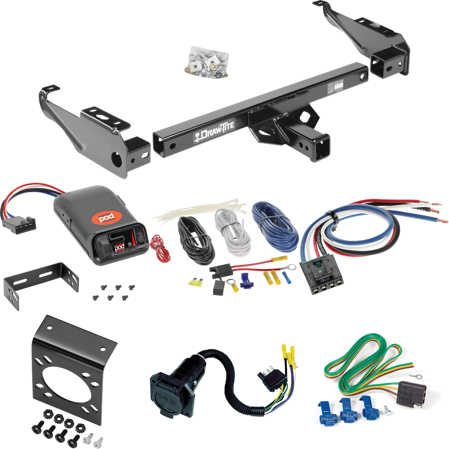 Fits 1968-1980 Dodge D200 Trailer Hitch Tow PKG w/ Pro Series POD Brake Control + Generic BC Wiring Adapter + 7-Way RV Wiring By Draw-Tite