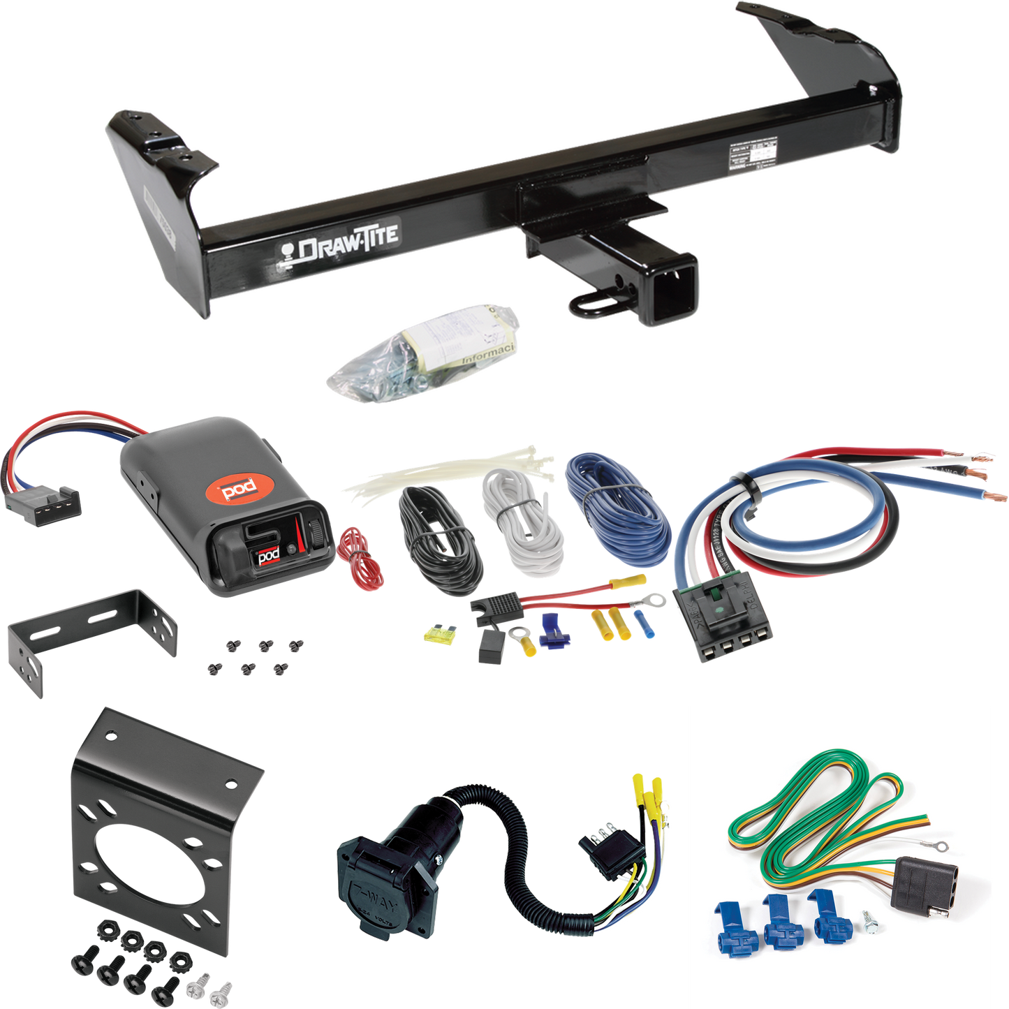 Fits 1977-1993 Dodge D150 Trailer Hitch Tow PKG w/ Pro Series POD Brake Control + Generic BC Wiring Adapter + 7-Way RV Wiring By Draw-Tite