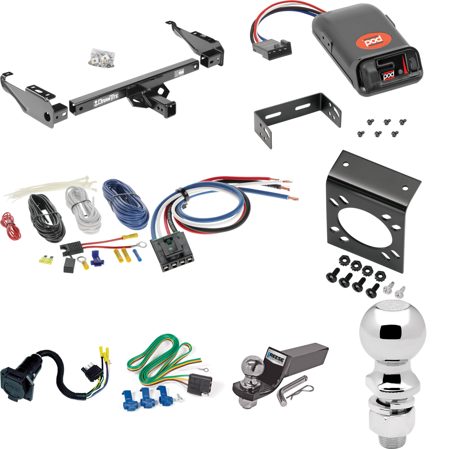 Fits 1968-1980 Dodge D200 Trailer Hitch Tow PKG w/ Pro Series POD Brake Control + Generic BC Wiring Adapter + 7-Way RV Wiring + 2" & 2-5/16" Ball & Drop Mount By Draw-Tite