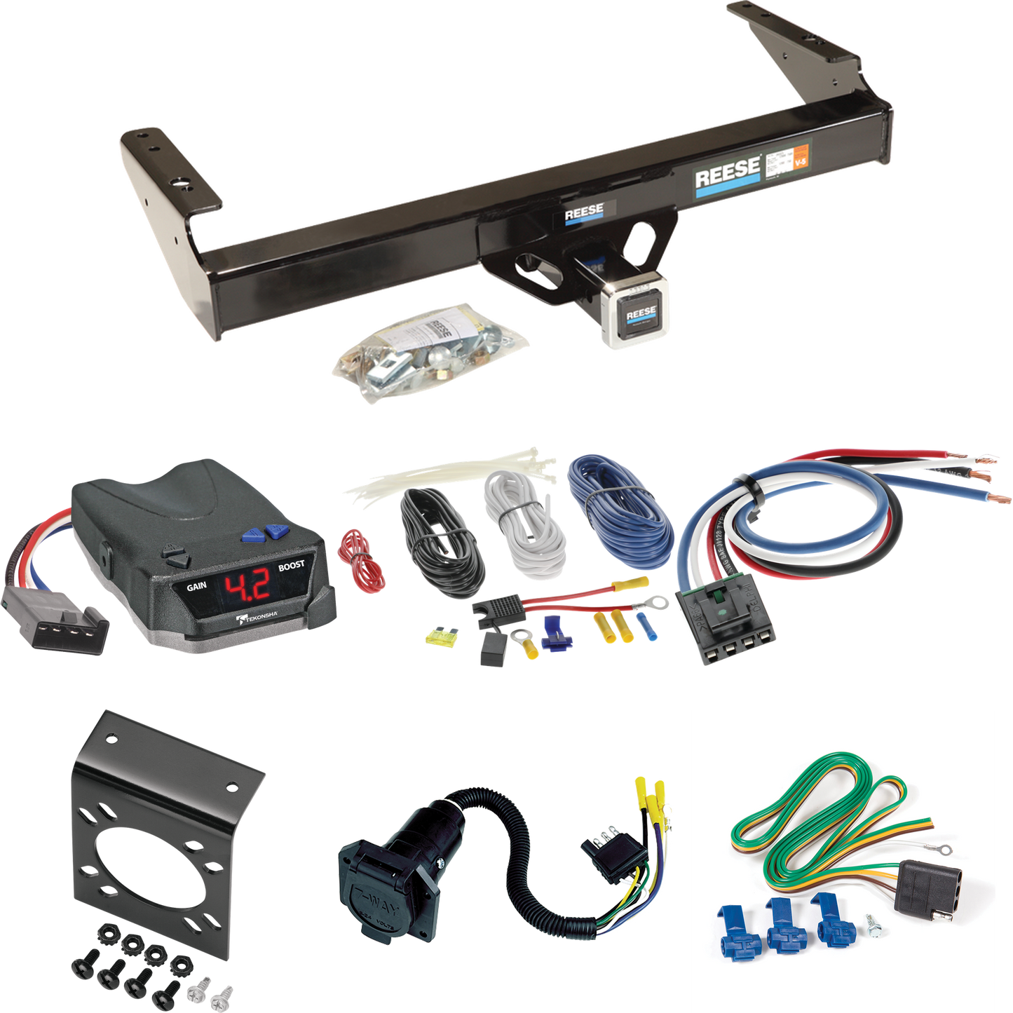 Se adapta al paquete de enganche de remolque Dodge D350 1986-1993 con control de freno Tekonsha BRAKE-EVN + adaptador de cableado BC genérico + cableado RV de 7 vías de Reese Towpower