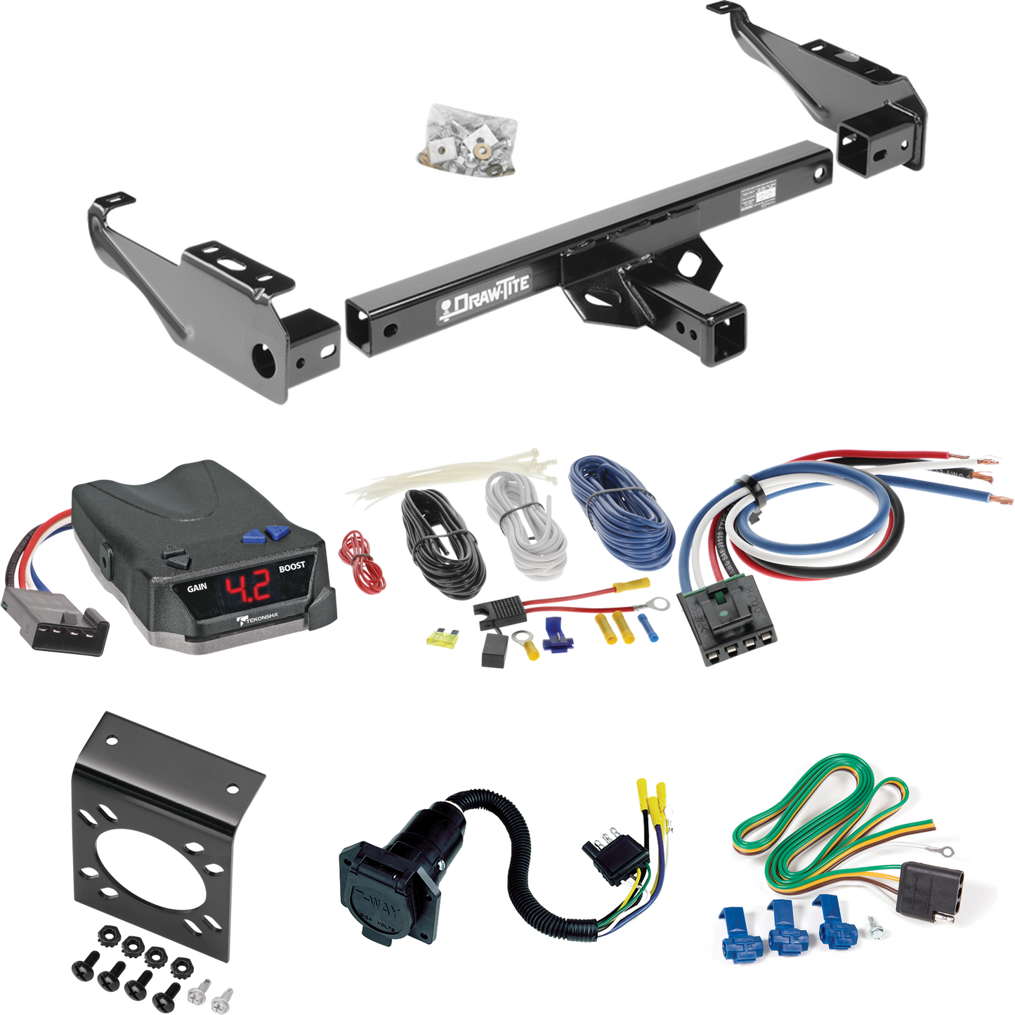 Fits 1974-1981 Plymouth Trailduster Trailer Hitch Tow PKG w/ Tekonsha BRAKE-EVN Brake Control + Generic BC Wiring Adapter + 7-Way RV Wiring (Excludes: w/Skid Shield Models) By Draw-Tite