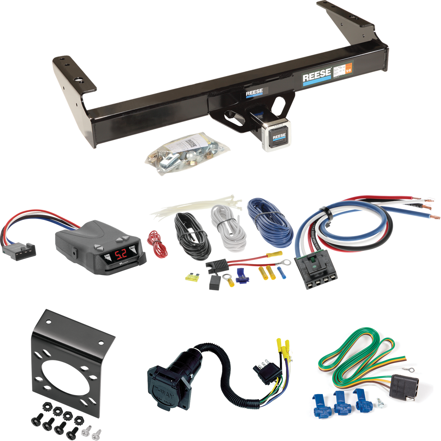 Fits 1986-1993 Dodge D250 Trailer Hitch Tow PKG w/ Tekonsha Brakeman IV Brake Control + Generic BC Wiring Adapter + 7-Way RV Wiring By Reese Towpower