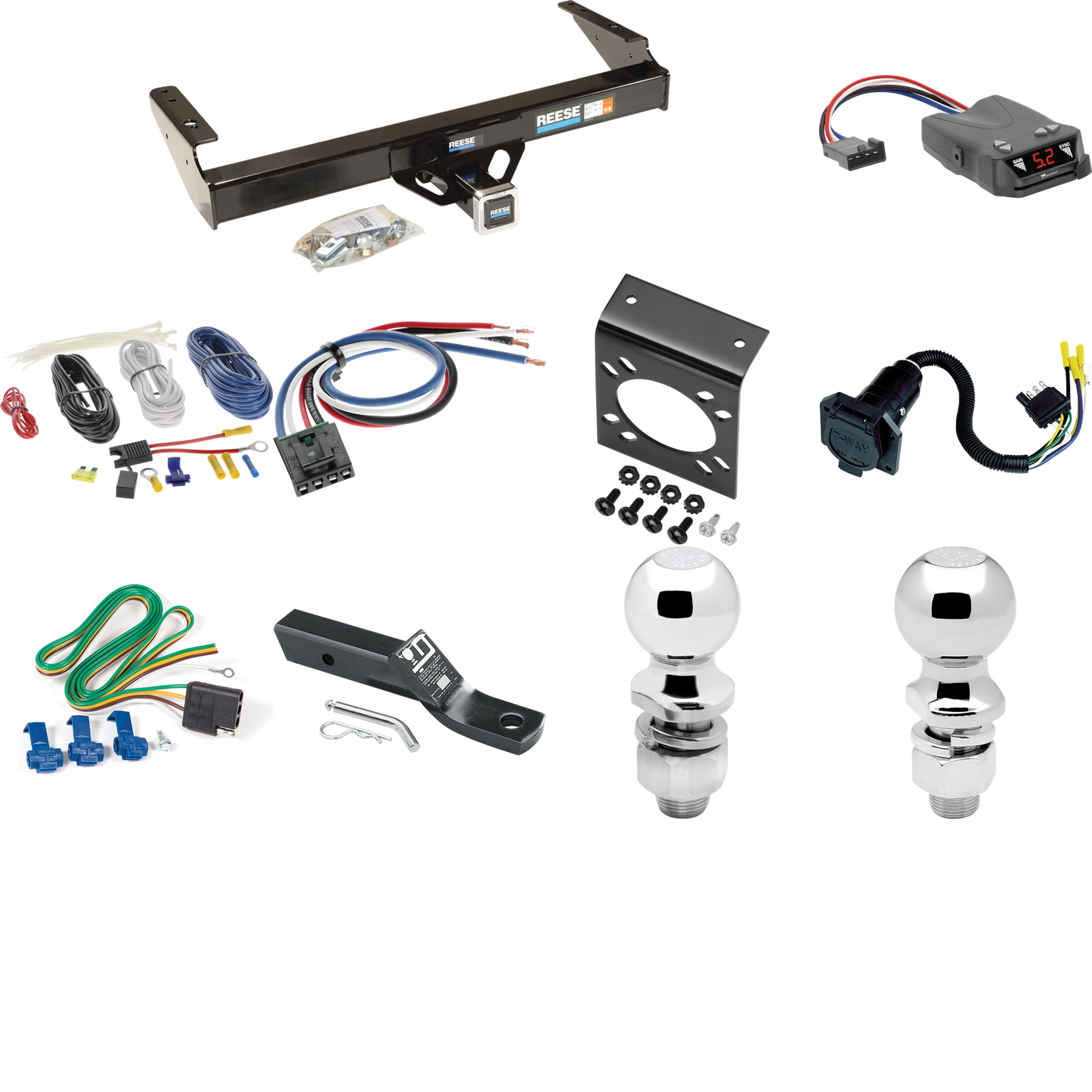 Se adapta al paquete de remolque con enganche para remolque Dodge W150 1977-1993 con control de freno Tekonsha Brakeman IV + adaptador de cableado BC genérico + cableado RV de 7 vías + soporte de bola y caída de 2" y 2-5/16" de Reese Towpower