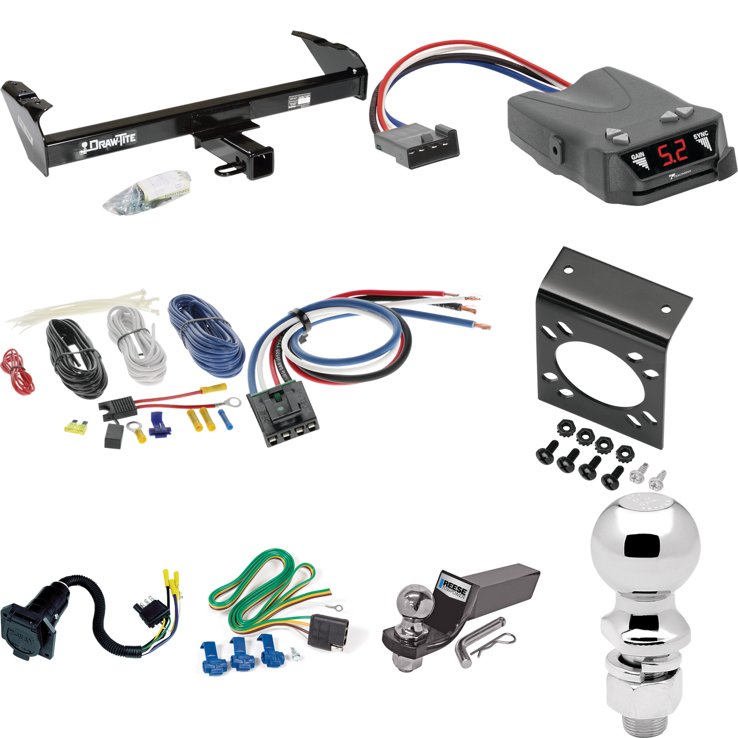 Se adapta al paquete de enganche de remolque Dodge D150 1977-1993 con control de freno Tekonsha Brakeman IV + adaptador de cableado BC genérico + cableado RV de 7 vías + soporte de bola y caída de 2" y 2-5/16" de Draw-Tite