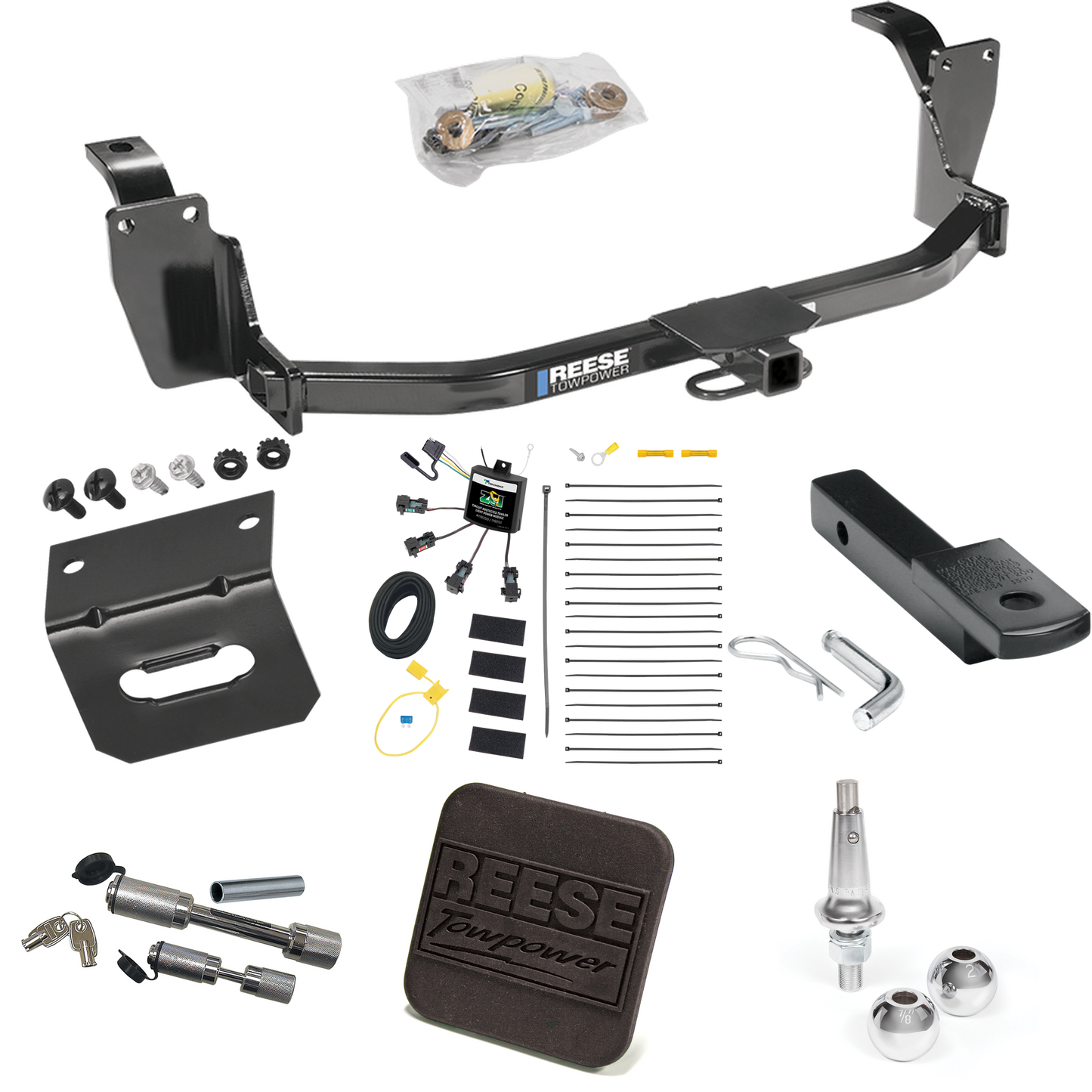 Fits 2013-2015 Honda Crosstour Trailer Hitch Tow PKG w/ 4-Flat Zero Contact "No Splice" Wiring Harness + Draw-Bar + Interchangeable 1-7/8" & 2" Balls + Wiring Bracket + Hitch Cover + Dual Hitch & Coupler Locks By Reese Towpower