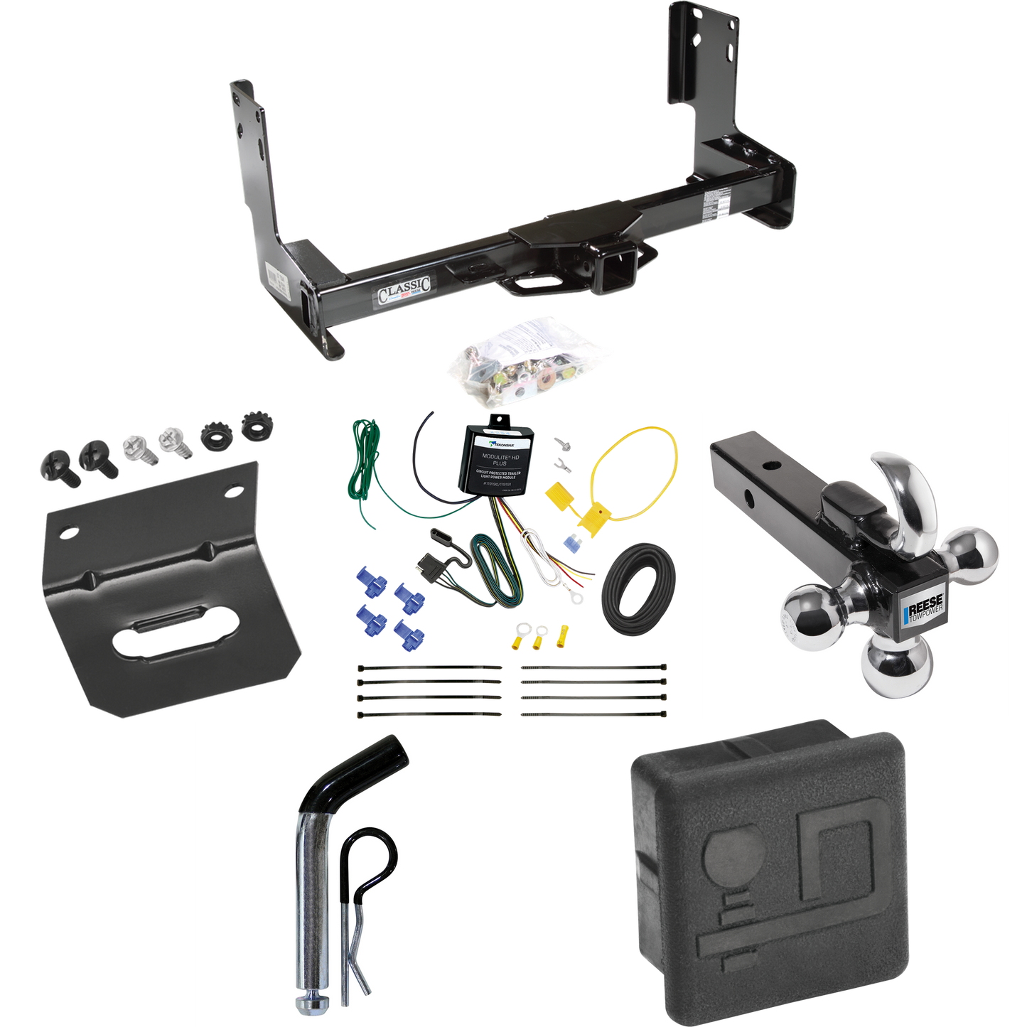 Fits 2022-2023 Mercedes-Benz Sprinter 3500 Trailer Hitch Tow PKG w/ 4-Flat Wiring + Triple Ball Ball Mount 1-7/8" & 2" & 2-5/16" Trailer Balls w/ Tow Hook + Pin/Clip + Wiring Bracket + Hitch Cover (Excludes: w/Factory Step Bumper Models) By Draw-Tite