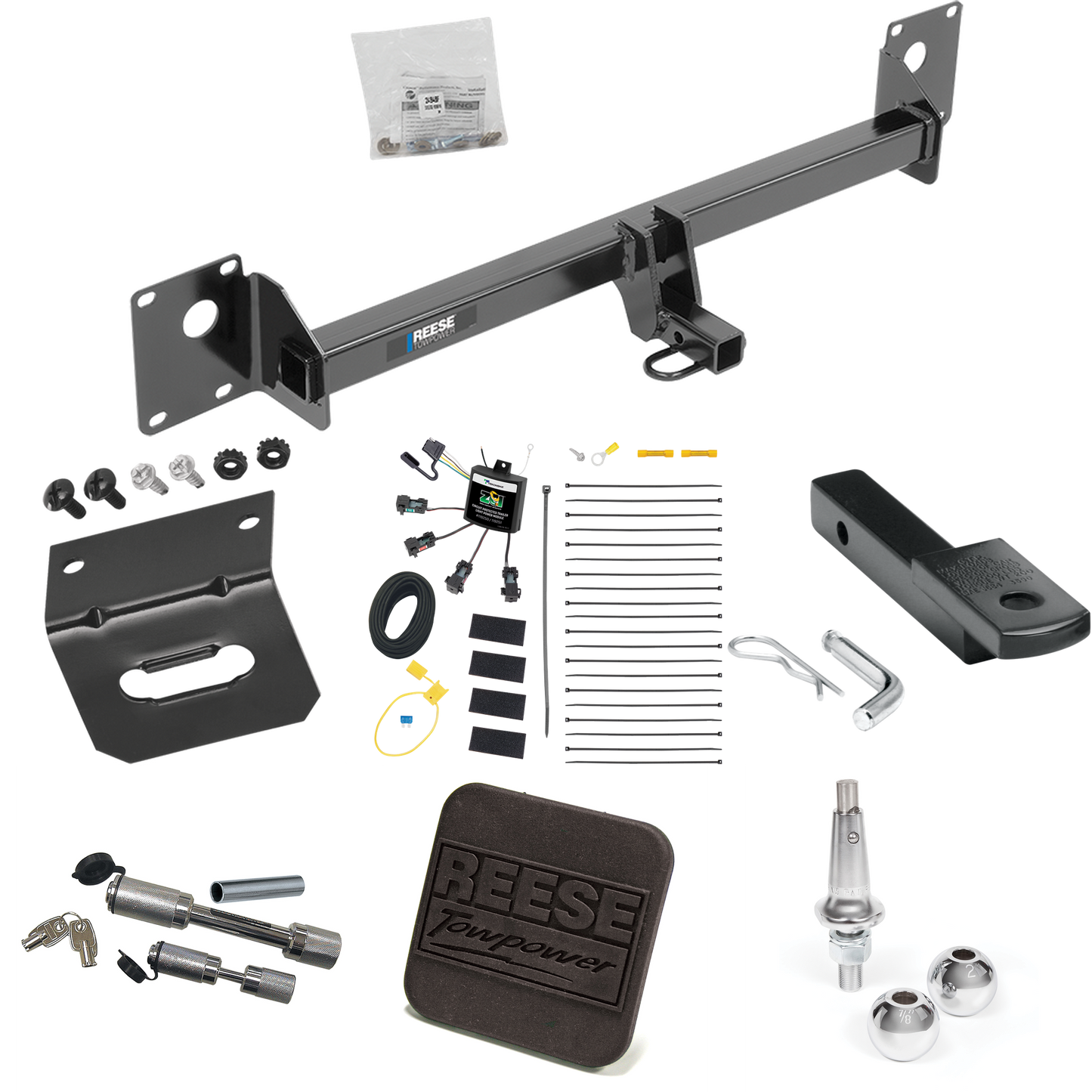 Fits 2015-2015 Volkswagen Golf SportWagen Trailer Hitch Tow PKG w/ 4-Flat Zero Contact "No Splice" Wiring Harness + Draw-Bar + Interchangeable 1-7/8" & 2" Balls + Wiring Bracket + Hitch Cover + Dual Hitch & Coupler Locks By Reese Towpower