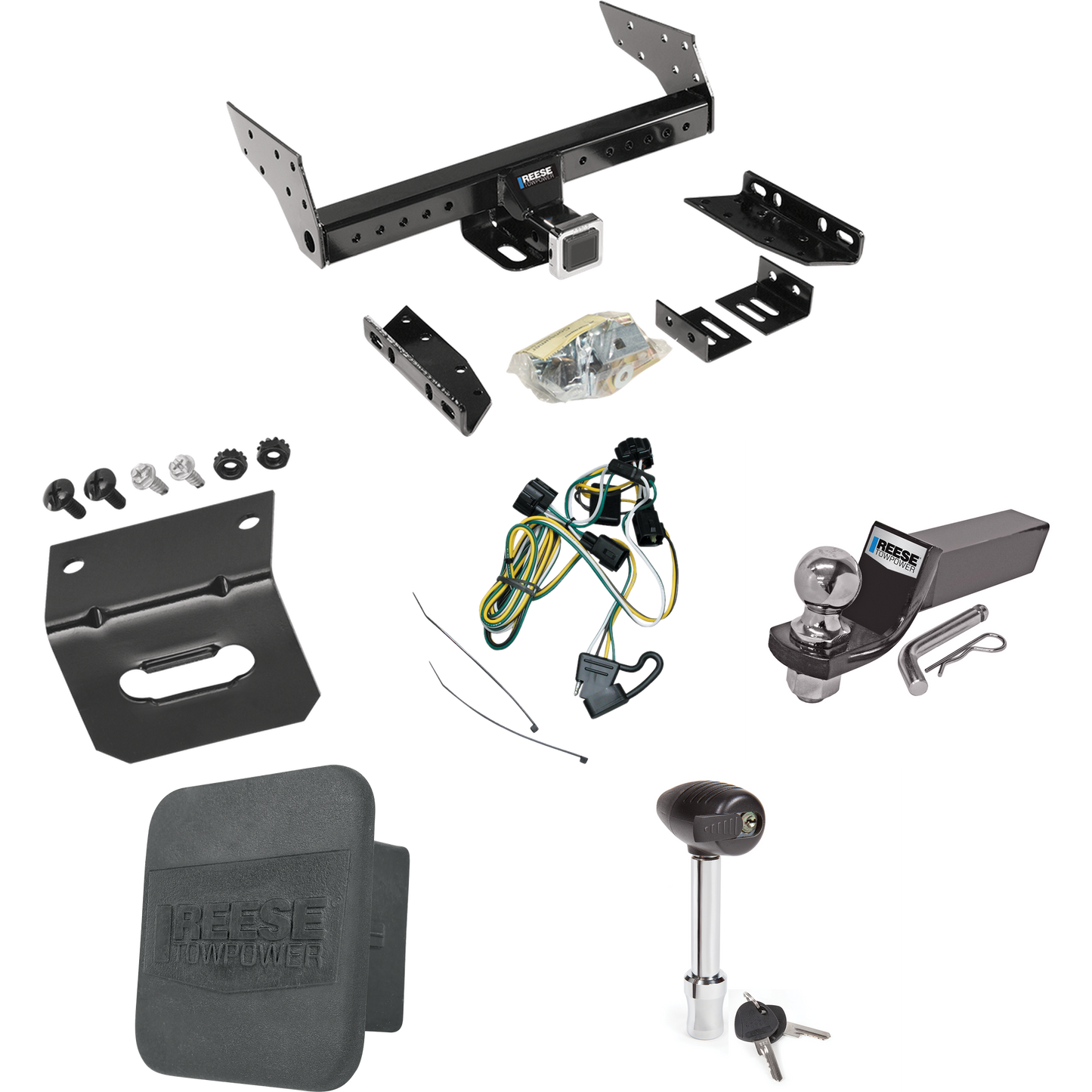 Fits 1995-2001 Dodge Dakota Trailer Hitch Tow PKG w/ 4-Flat Wiring + Starter Kit Ball Mount w/ 2" Drop & 2" Ball + 1-7/8" Ball + Wiring Bracket + Hitch Lock + Hitch Cover By Reese Towpower