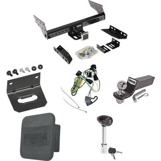 Fits 1995-2001 Dodge Dakota Trailer Hitch Tow PKG w/ 4-Flat Wiring + Starter Kit Ball Mount w/ 2" Drop & 2" Ball + 1-7/8" Ball + Wiring Bracket + Hitch Lock + Hitch Cover By Reese Towpower