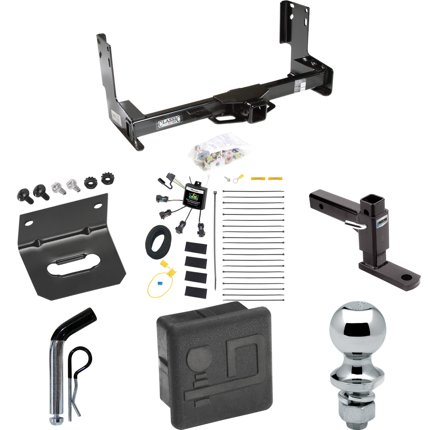 Fits 2022-2023 Mercedes-Benz Sprinter 3500 Trailer Hitch Tow PKG w/ 4-Flat Zero Contact "No Splice" Wiring + Adjustable Drop Rise Ball Mount + Pin/Clip + 1-7/8" Ball + Wiring Bracket + Hitch Cover (Excludes: w/Factory Step Bumper Models) By Draw-Tite