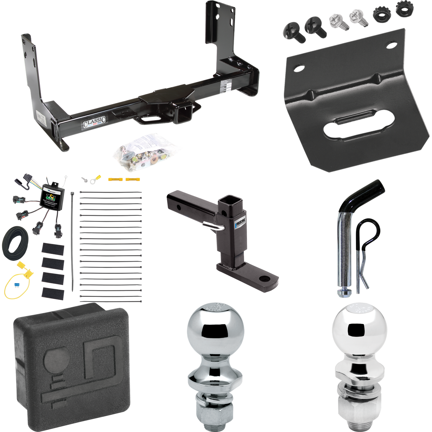 Fits 2022-2023 Mercedes-Benz Sprinter 3500 Trailer Hitch Tow PKG w/ 4-Flat Zero Contact "No Splice" Wiring + Adjustable Drop Rise Ball Mount + Pin/Clip + 2" Ball + 1-7/8" Ball + Wiring Bracket + Hitch Cover (Excludes: w/Factory Step Bumper Models) By