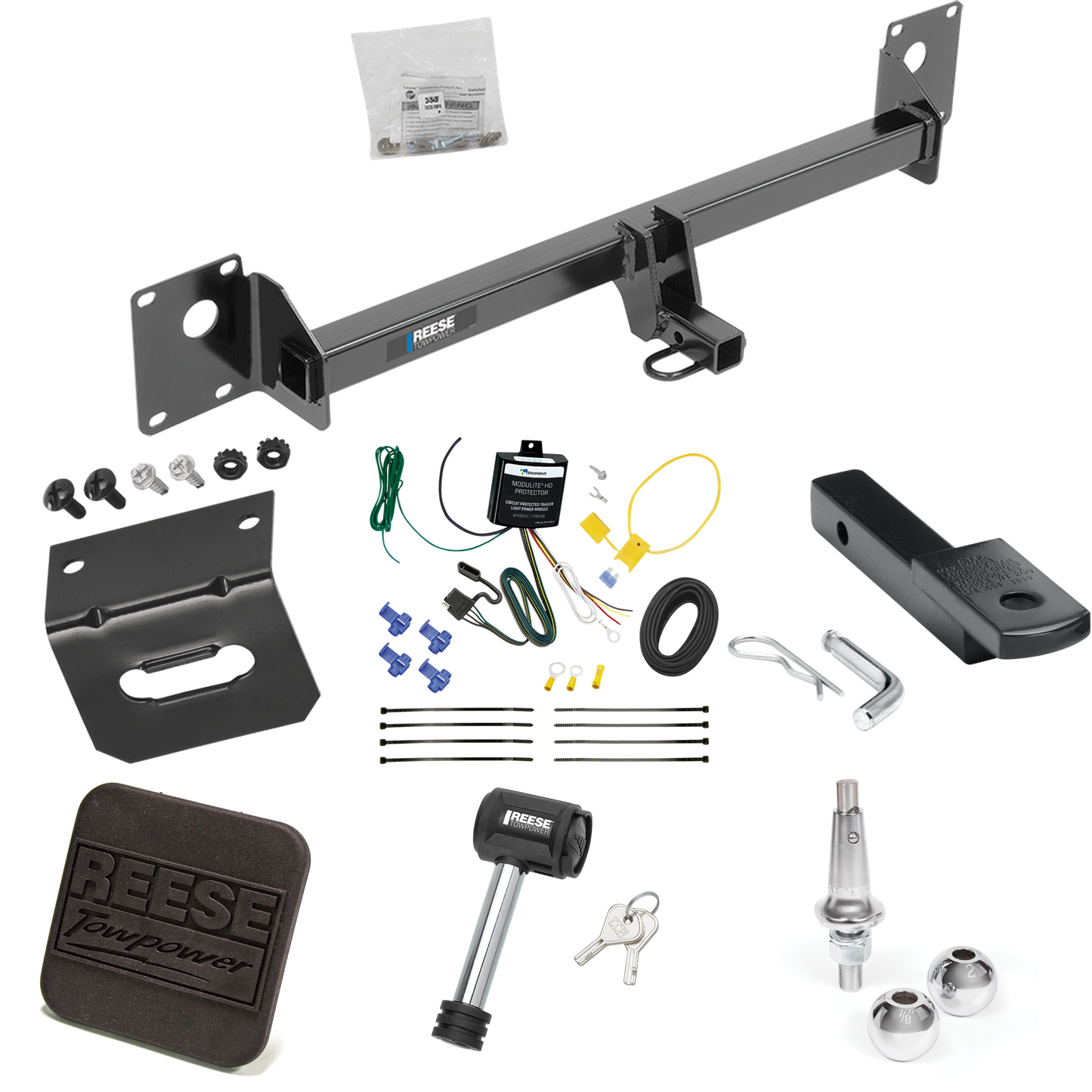 Fits 2015-2015 Volkswagen Golf SportWagen Trailer Hitch Tow PKG w/ 4-Flat Wiring Harness + Draw-Bar + Interchangeable 1-7/8" & 2" Balls + Wiring Bracket + Hitch Cover + Hitch Lock By Reese Towpower