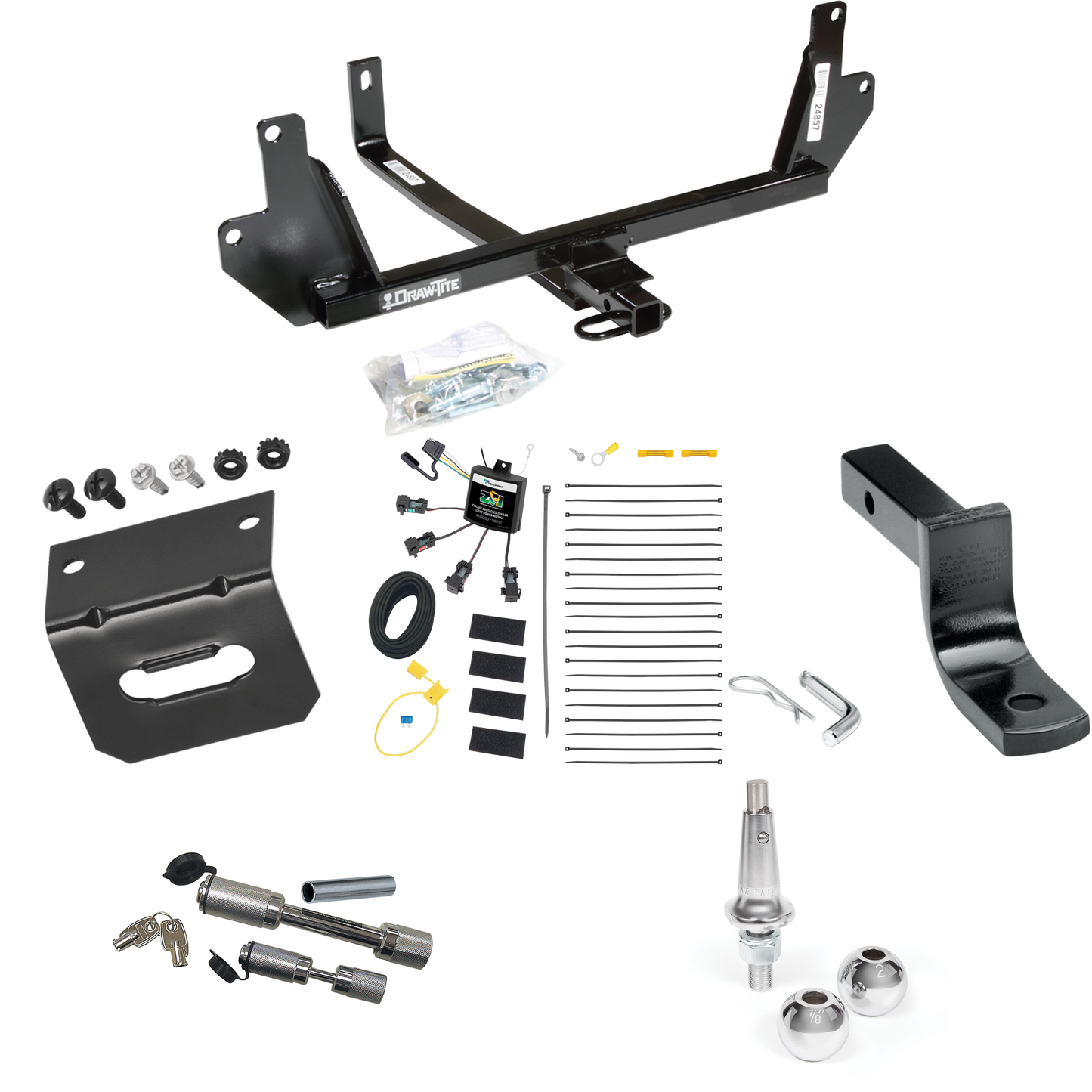 Fits 2009-2011 BMW 328i xDrive Trailer Hitch Tow PKG w/ 4-Flat Zero Contact "No Splice" Wiring Harness + Draw-Bar + Interchangeable 1-7/8" & 2" Balls + Wiring Bracket + Dual Hitch & Coupler Locks (For Sedan Models) By Draw-Tite