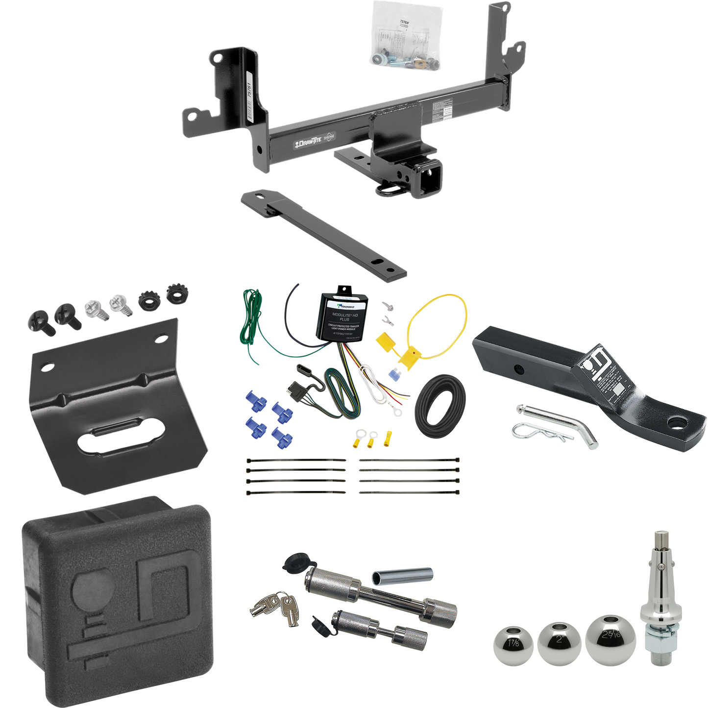 Fits 2013-2014 BMW X1 Trailer Hitch Tow PKG w/ 4-Flat Wiring + Ball Mount w/ 2" Drop + Interchangeable Ball 1-7/8" & 2" & 2-5/16" + Wiring Bracket + Dual Hitch & Coupler Locks + Hitch Cover (For w/Panoramic Moonroof Models) By Draw-Tite