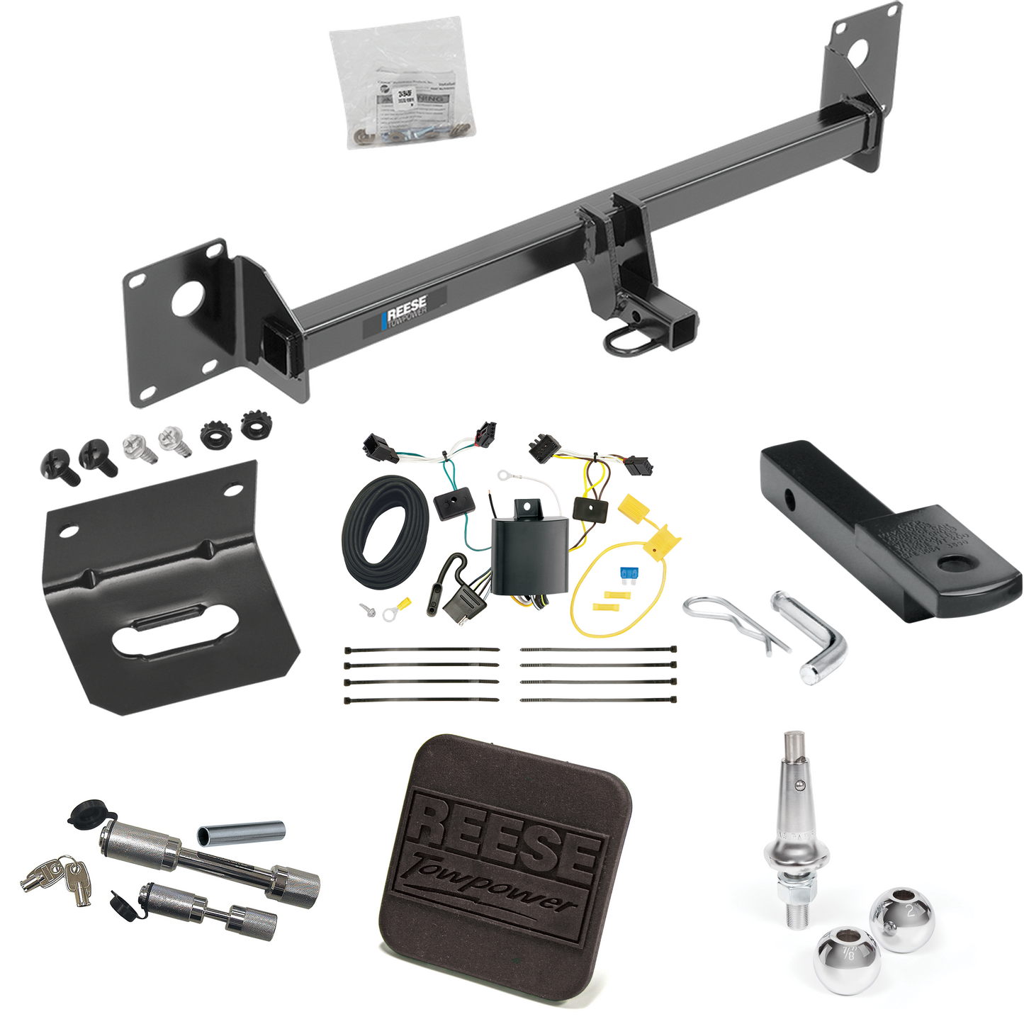 Fits 2016-2019 Volkswagen Golf SportWagen Trailer Hitch Tow PKG w/ 4-Flat Wiring Harness + Draw-Bar + Interchangeable 1-7/8" & 2" Balls + Wiring Bracket + Hitch Cover + Dual Hitch & Coupler Locks By Reese Towpower