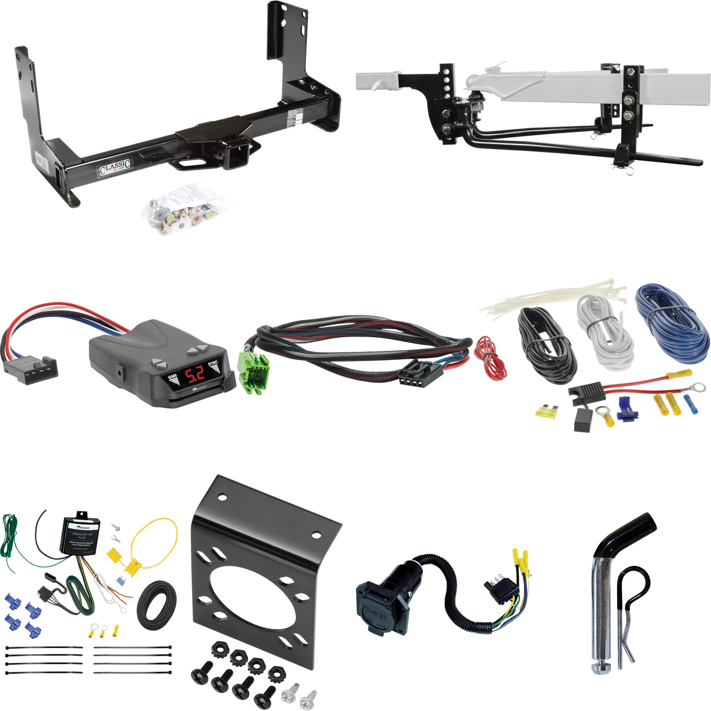 Fits 2022-2022 Mercedes-Benz Sprinter 2500 Trailer Hitch Tow PKG w/ 8K Round Bar Weight Distribution Hitch w/ 2-5/16" Ball + Pin/Clip + Tekonsha Brakeman IV Brake Control + Plug & Play BC Adapter + 7-Way RV Wiring (Excludes: w/Factory Step Bumper Mod