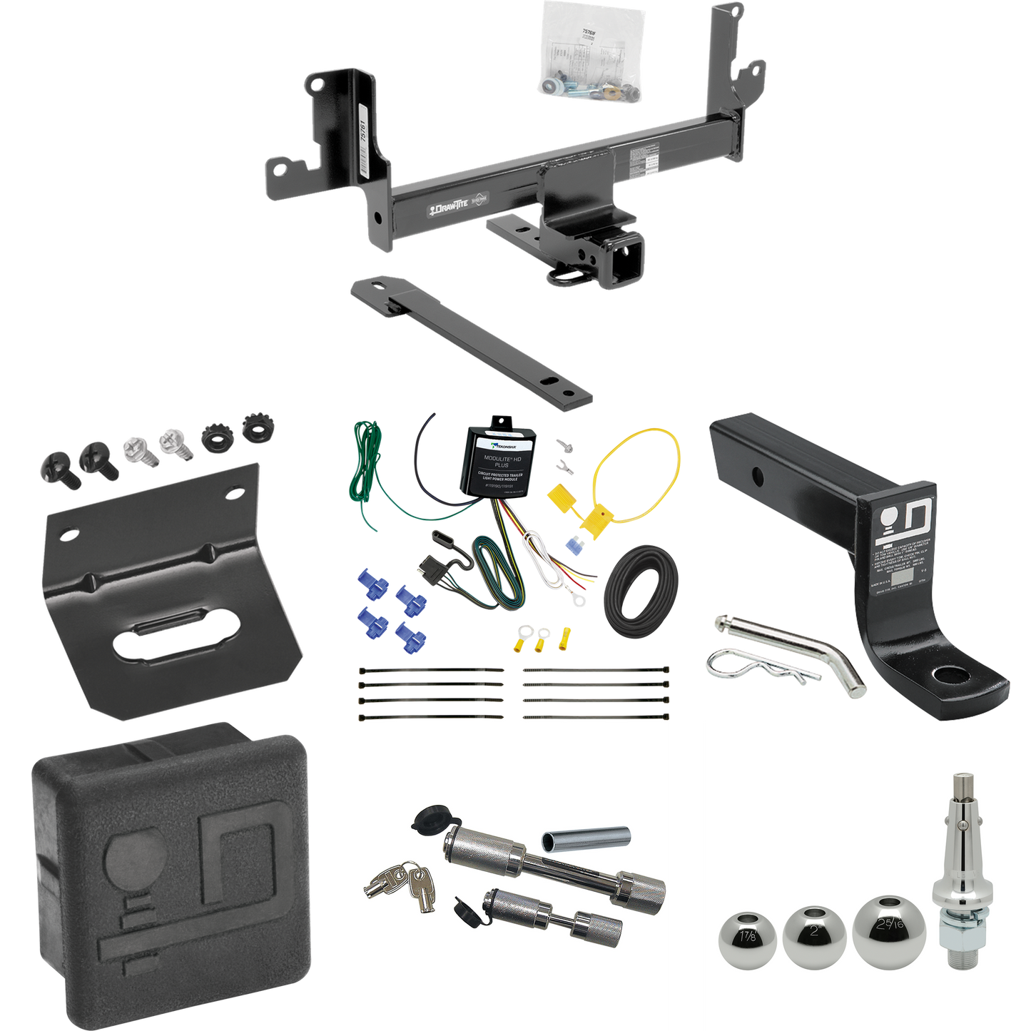 Fits 2013-2014 BMW X1 Trailer Hitch Tow PKG w/ 4-Flat Wiring + Ball Mount w/ 4" Drop + Interchangeable Ball 1-7/8" & 2" & 2-5/16" + Wiring Bracket + Dual Hitch & Coupler Locks + Hitch Cover (For w/Panoramic Moonroof Models) By Draw-Tite