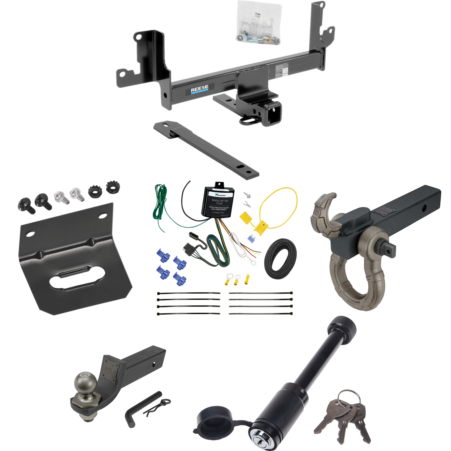 Fits 2013-2014 BMW X1 Trailer Hitch Tow PKG w/ 4-Flat Wiring + Interlock Tactical Starter Kit w/ 2" Drop & 2" Ball + Tactical Hook & Shackle Mount + Tactical Dogbone Lock + Wiring Bracket (For w/Panoramic Moonroof Models) By Reese Towpower