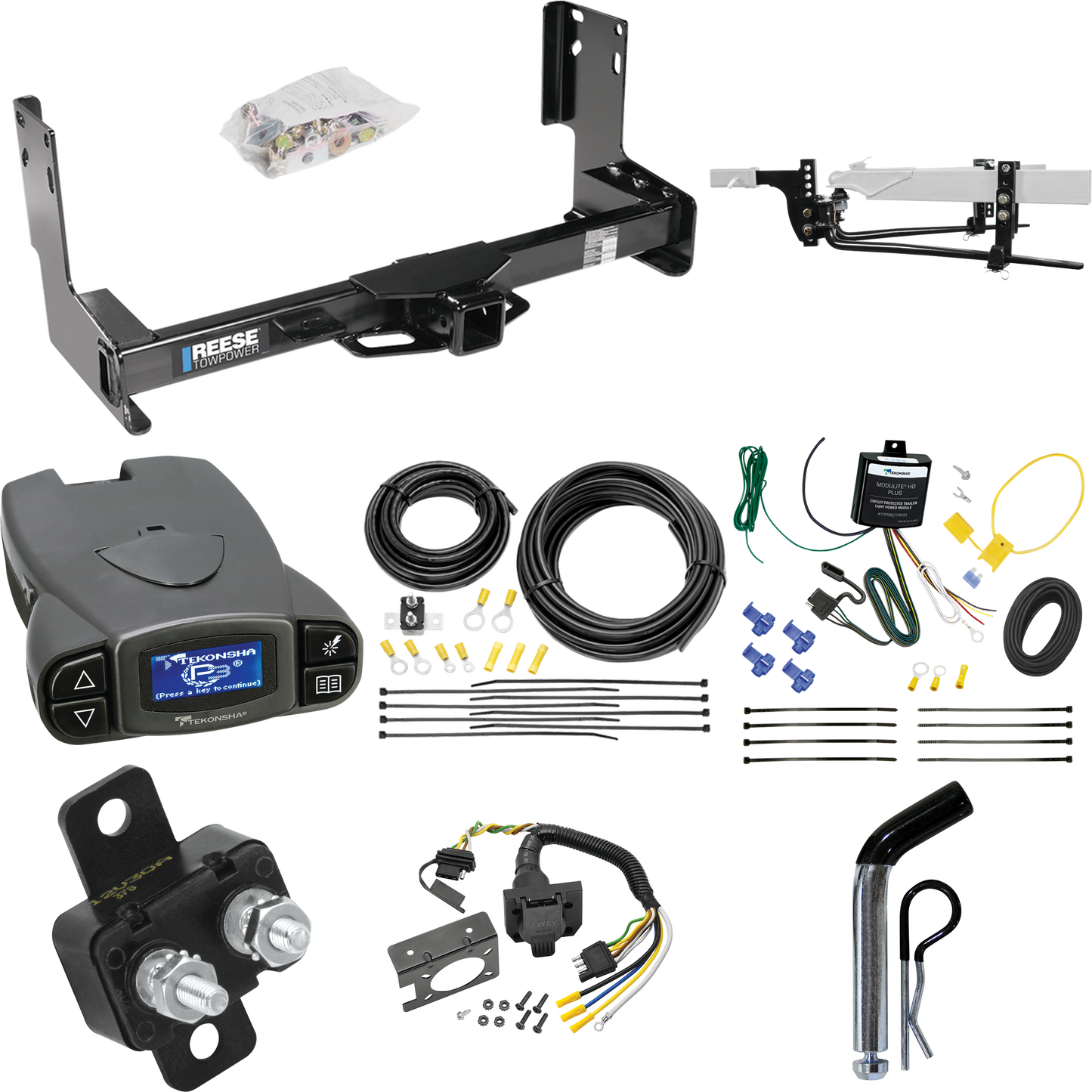 Fits 2023-2023 Mercedes-Benz Sprinter 3500 Trailer Hitch Tow PKG w/ 8K Round Bar Weight Distribution Hitch w/ 2-5/16" Ball + Pin/Clip + Tekonsha Prodigy P3 Brake Control + 7-Way RV Wiring (Excludes: w/Factory Step Bumper Models) By Reese Towpower