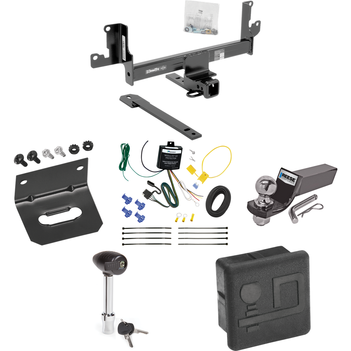 Fits 2015-2015 BMW X1 Trailer Hitch Tow PKG w/ 4-Flat Wiring + Starter Kit Ball Mount w/ 2" Drop & 2" Ball + Wiring Bracket + Hitch Lock + Hitch Cover (For w/Panoramic Moonroof Models) By Draw-Tite