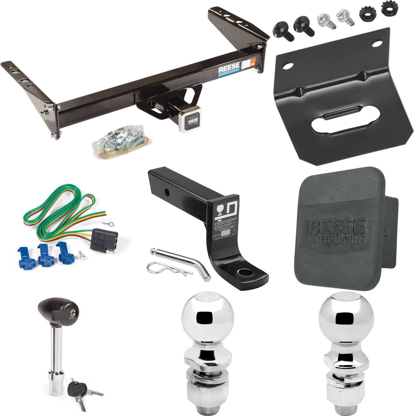 Fits 1987-1994 Dodge Dakota Trailer Hitch Tow PKG w/ 4-Flat Wiring + Ball Mount w/ 4" Drop + 2" Ball + 2-5/16" Ball + Wiring Bracket + Hitch Lock + Hitch Cover By Reese Towpower