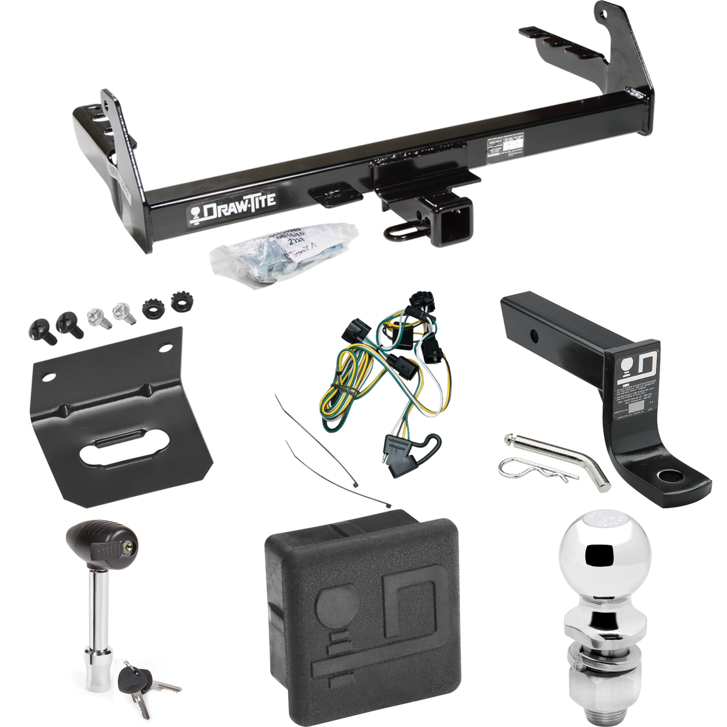 Fits 1995-2003 Dodge Dakota Trailer Hitch Tow PKG w/ 4-Flat Wiring + Ball Mount w/ 4" Drop + 2" Ball + Wiring Bracket + Hitch Lock + Hitch Cover By Draw-Tite