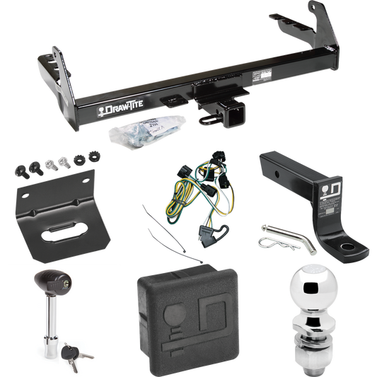 Fits 1995-2003 Dodge Dakota Trailer Hitch Tow PKG w/ 4-Flat Wiring + Ball Mount w/ 4" Drop + 2" Ball + Wiring Bracket + Hitch Lock + Hitch Cover By Draw-Tite