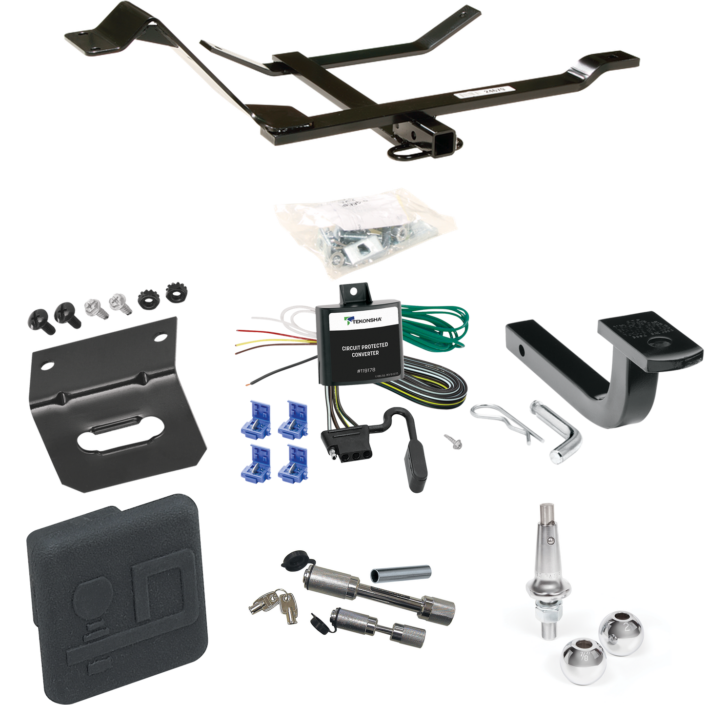 Fits 1999-2006 Volkswagen Golf Trailer Hitch Tow PKG w/ 4-Flat Wiring Harness + Draw-Bar + Interchangeable 1-7/8" & 2" Balls + Wiring Bracket + Hitch Cover + Dual Hitch & Coupler Locks By Draw-Tite