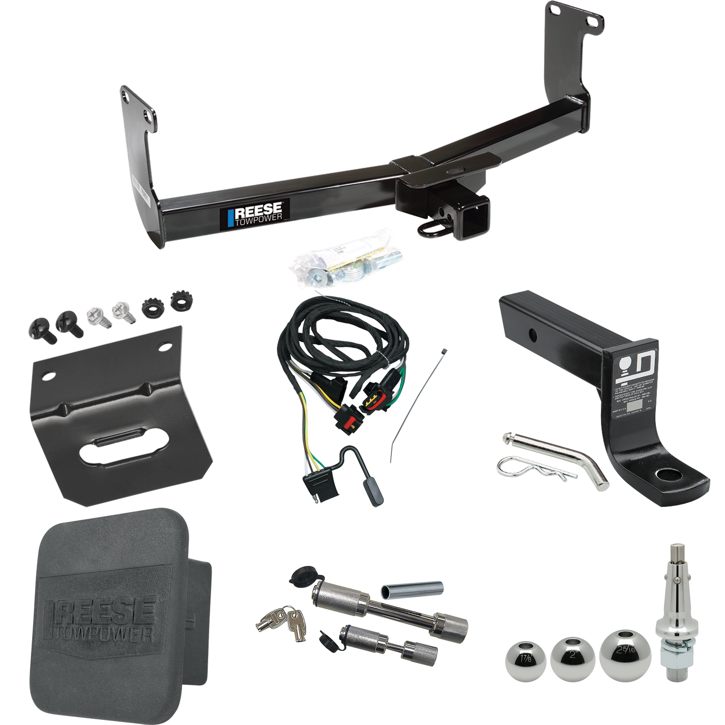 Fits 2006-2009 Mitsubishi Raider Trailer Hitch Tow PKG w/ 4-Flat Wiring + Ball Mount w/ 4" Drop + Interchangeable Ball 1-7/8" & 2" & 2-5/16" + Wiring Bracket + Dual Hitch & Coupler Locks + Hitch Cover By Reese Towpower