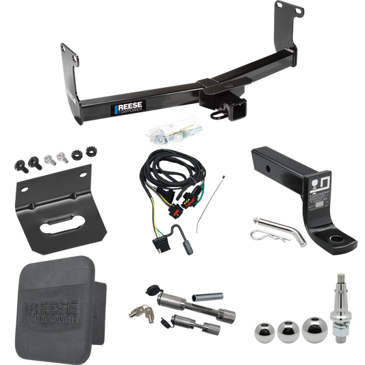 Fits 2006-2009 Mitsubishi Raider Trailer Hitch Tow PKG w/ 4-Flat Wiring + Ball Mount w/ 4" Drop + Interchangeable Ball 1-7/8" & 2" & 2-5/16" + Wiring Bracket + Dual Hitch & Coupler Locks + Hitch Cover By Reese Towpower