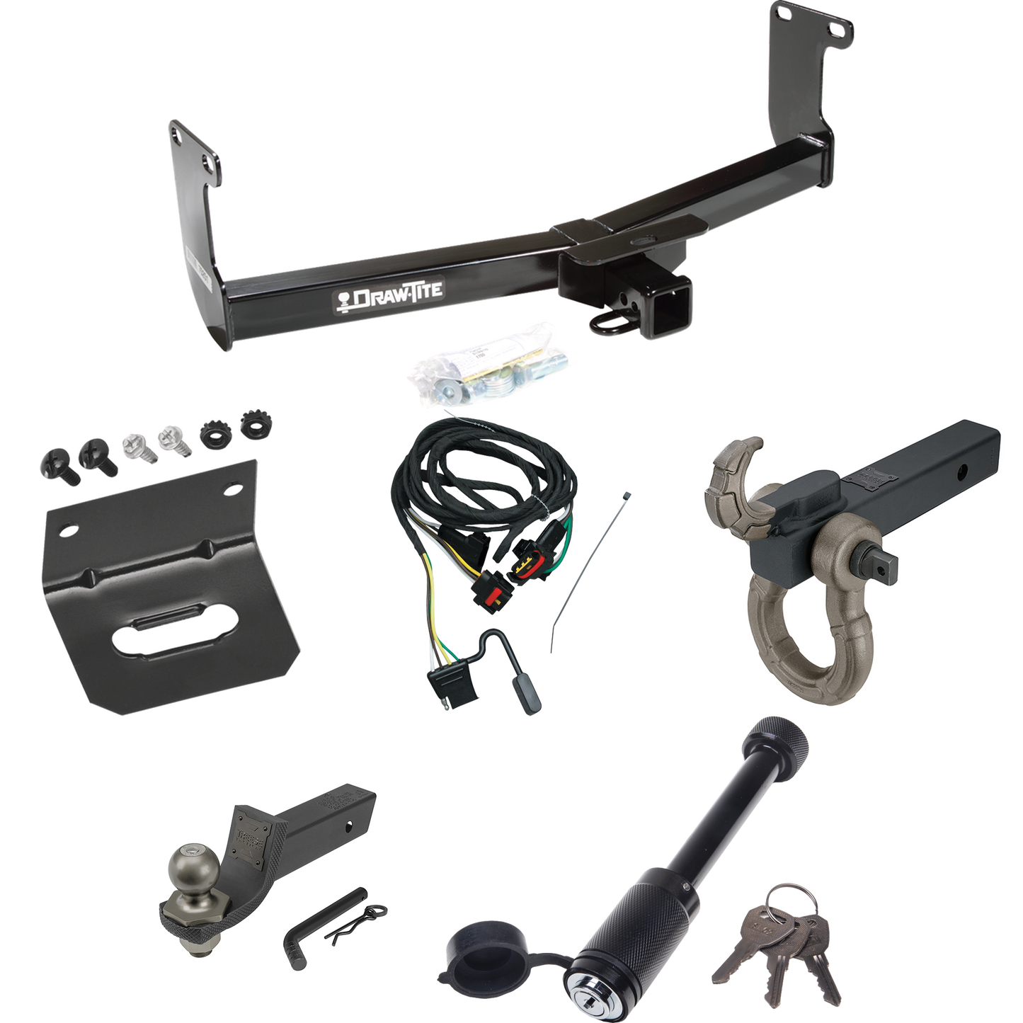 Fits 2011-2011 RAM Dakota Trailer Hitch Tow PKG w/ 4-Flat Wiring + Interlock Tactical Starter Kit w/ 2" Drop & 2" Ball + Tactical Hook & Shackle Mount + Tactical Dogbone Lock + Wiring Bracket By Draw-Tite