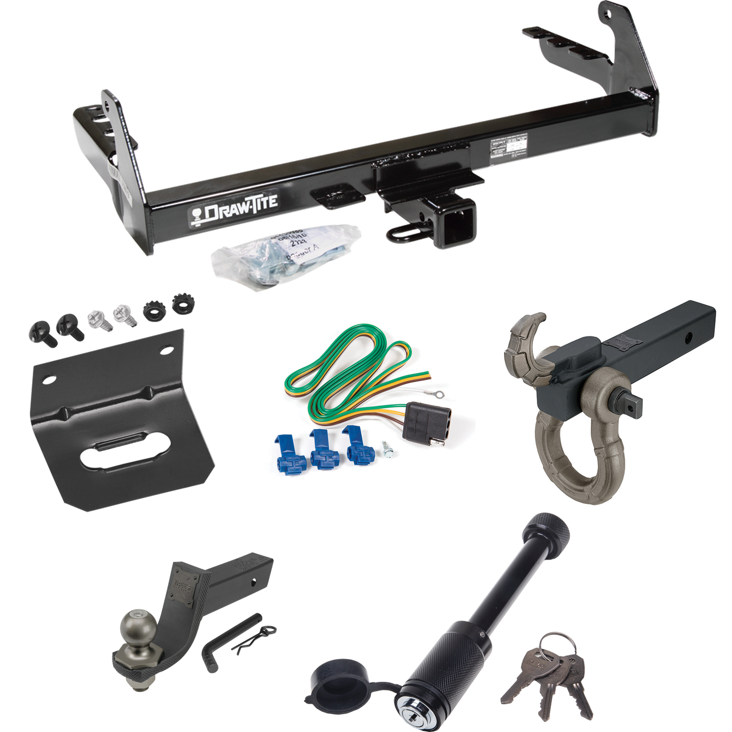 Fits 1987-1994 Dodge Dakota Trailer Hitch Tow PKG w/ 4-Flat Wiring + Interlock Tactical Starter Kit w/ 3-1/4" Drop & 2" Ball + Tactical Hook & Shackle Mount + Tactical Dogbone Lock + Wiring Bracket By Draw-Tite