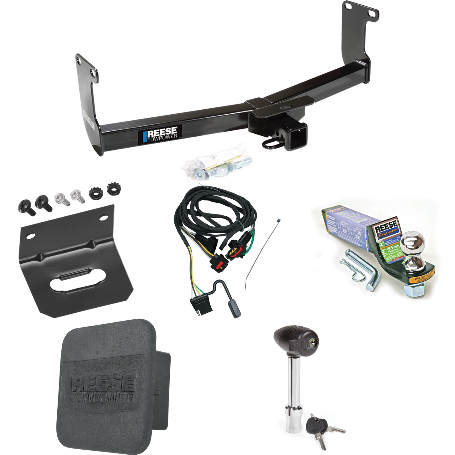 Fits 2011-2011 RAM Dakota Trailer Hitch Tow PKG w/ 4-Flat Wiring + Starter Kit Ball Mount w/ 2" Drop & 1-7/8" Ball + Wiring Bracket + Hitch Lock + Hitch Cover By Reese Towpower