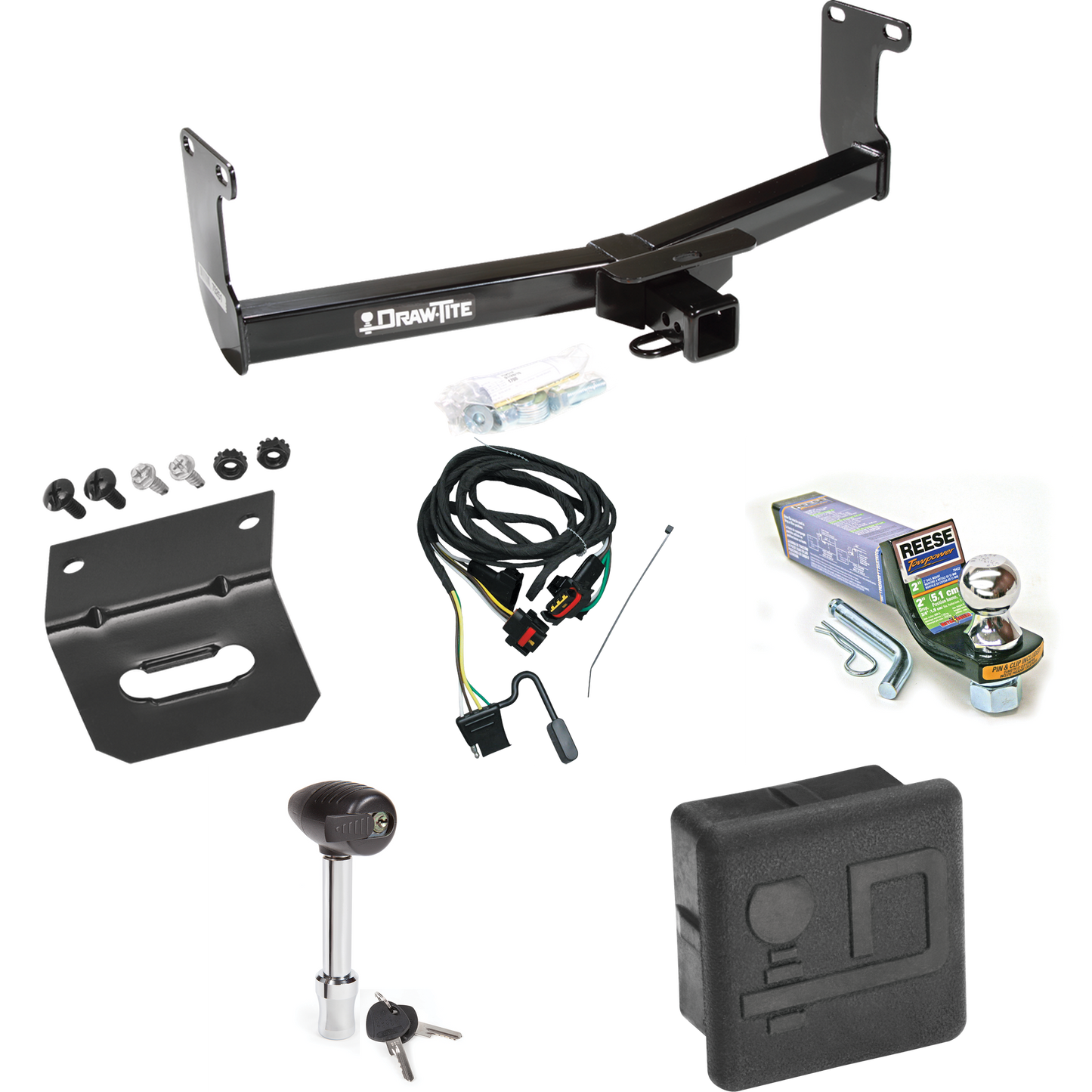 Fits 2005-2010 Dodge Dakota Trailer Hitch Tow PKG w/ 4-Flat Wiring + Starter Kit Ball Mount w/ 2" Drop & 1-7/8" Ball + Wiring Bracket + Hitch Lock + Hitch Cover By Draw-Tite