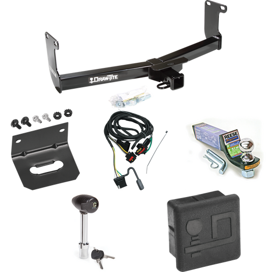 Fits 2005-2010 Dodge Dakota Trailer Hitch Tow PKG w/ 4-Flat Wiring + Starter Kit Ball Mount w/ 2" Drop & 1-7/8" Ball + Wiring Bracket + Hitch Lock + Hitch Cover By Draw-Tite