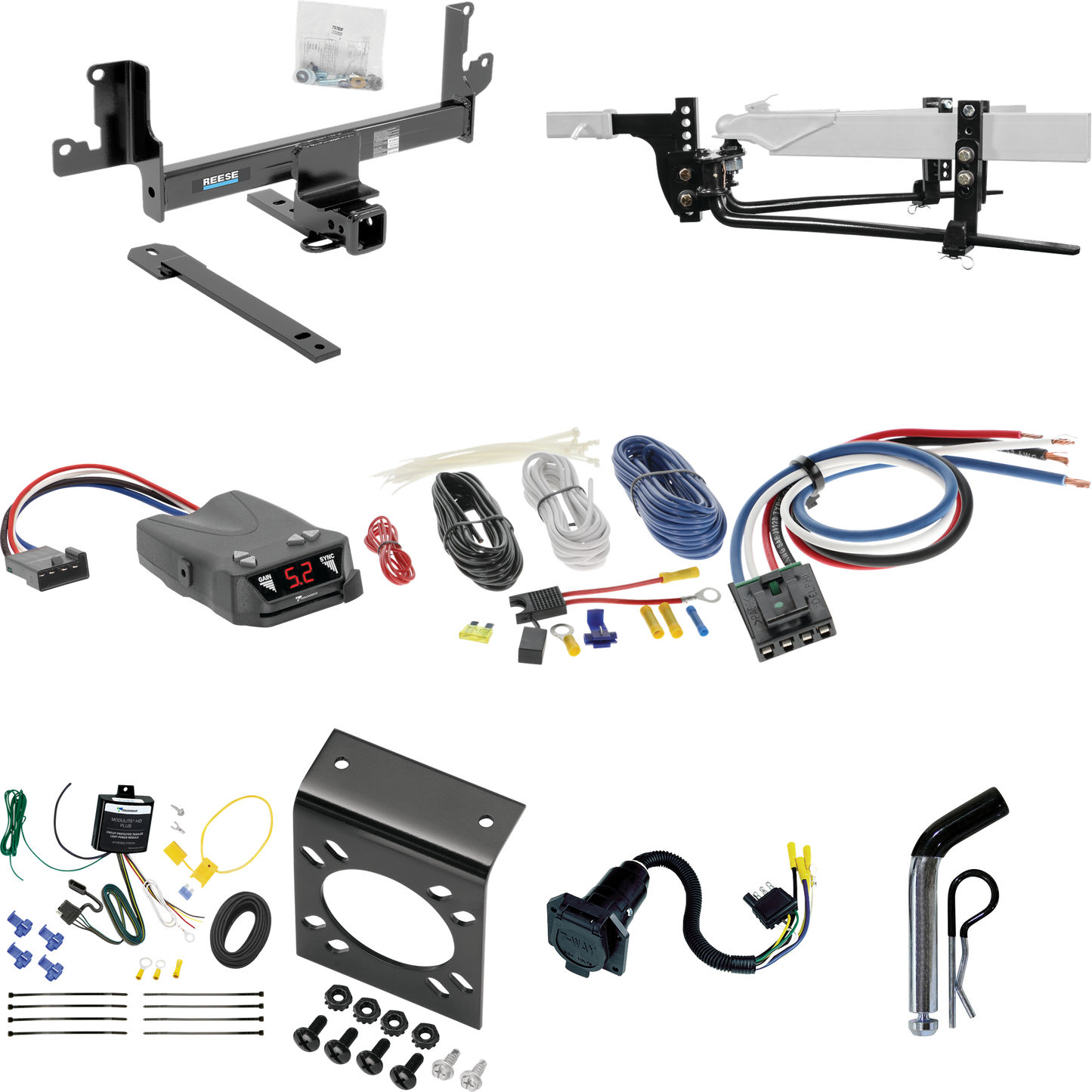 Fits 2013-2014 BMW X1 Trailer Hitch Tow PKG w/ 6K Round Bar Weight Distribution Hitch w/ 2-5/16" Ball + Pin/Clip + Tekonsha Brakeman IV Brake Control + Generic BC Wiring Adapter + 7-Way RV Wiring (For w/Panoramic Moonroof Models) By Reese Towpower