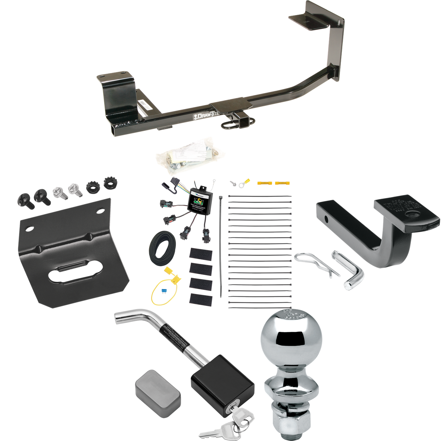 Fits 2010-2014 Volkswagen Golf Trailer Hitch Tow PKG w/ 4-Flat Zero Contact "No Splice" Wiring Harness + Draw-Bar + 2" Ball + Wiring Bracket + Hitch Lock (For Wagon, (Canada Only) Models) By Draw-Tite